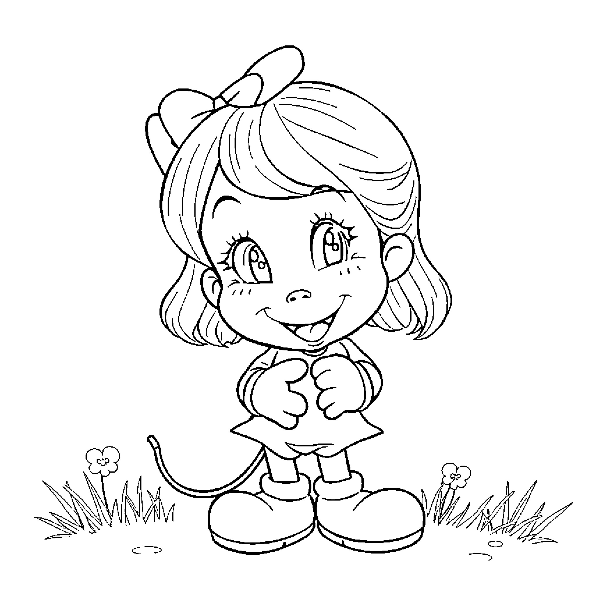 Girl happily playing in the grass Coloring Page (free black-and-white line drawing printable PDF for all, from beginners to advanced learners, including children, teens, adults, and seniors)