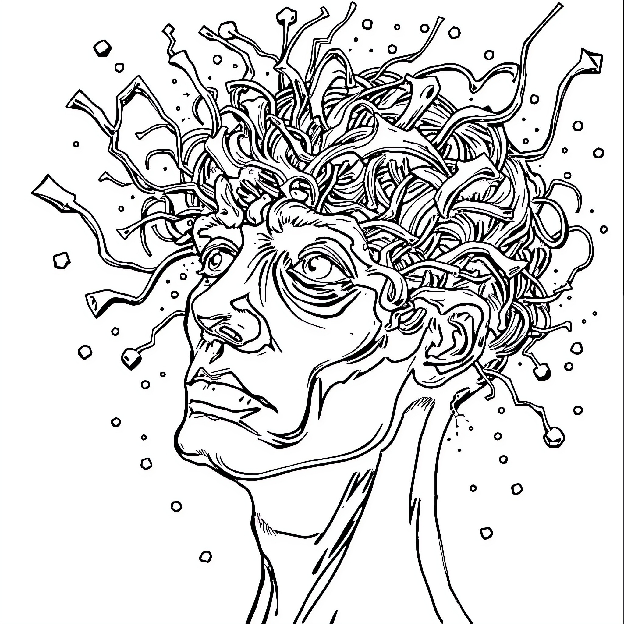 Brainrot: Surreal Cerebral Explosion Coloring Page (free black-and-white line drawing printable PDF for all, from beginners to advanced learners, including children, teens, adults, and seniors)