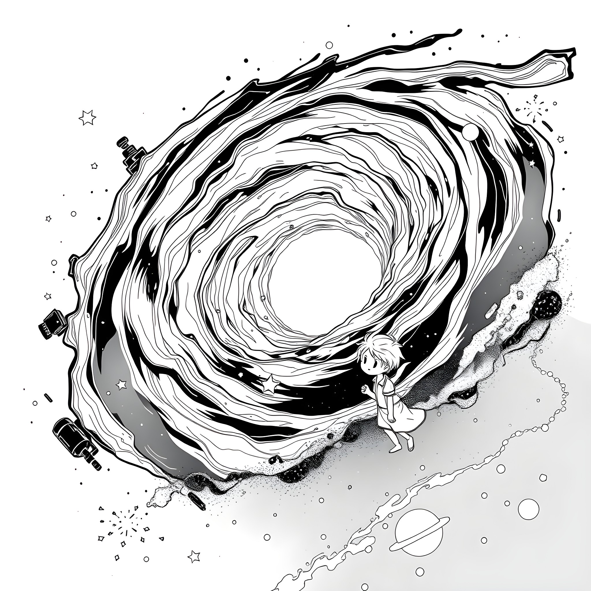 Black Hole Swallowing Astronaut in Cosmic Vortex Coloring Page (free black-and-white line drawing printable PDF for all, from beginners to advanced learners, including children, teens, adults, and seniors)