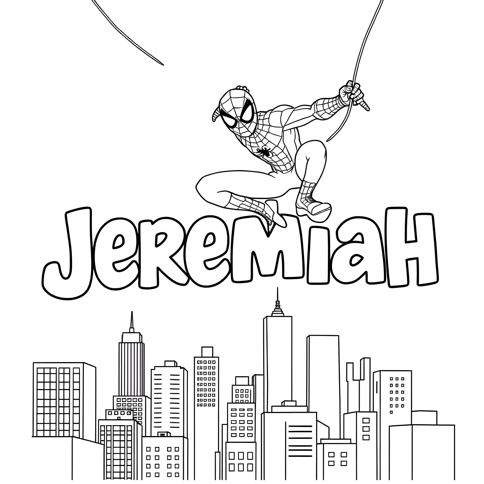 Jeremiah the Superhero Swinging through the City Coloring Page (free black-and-white line drawing printable PDF for all, from beginners to advanced learners, including children, teens, adults, and seniors)