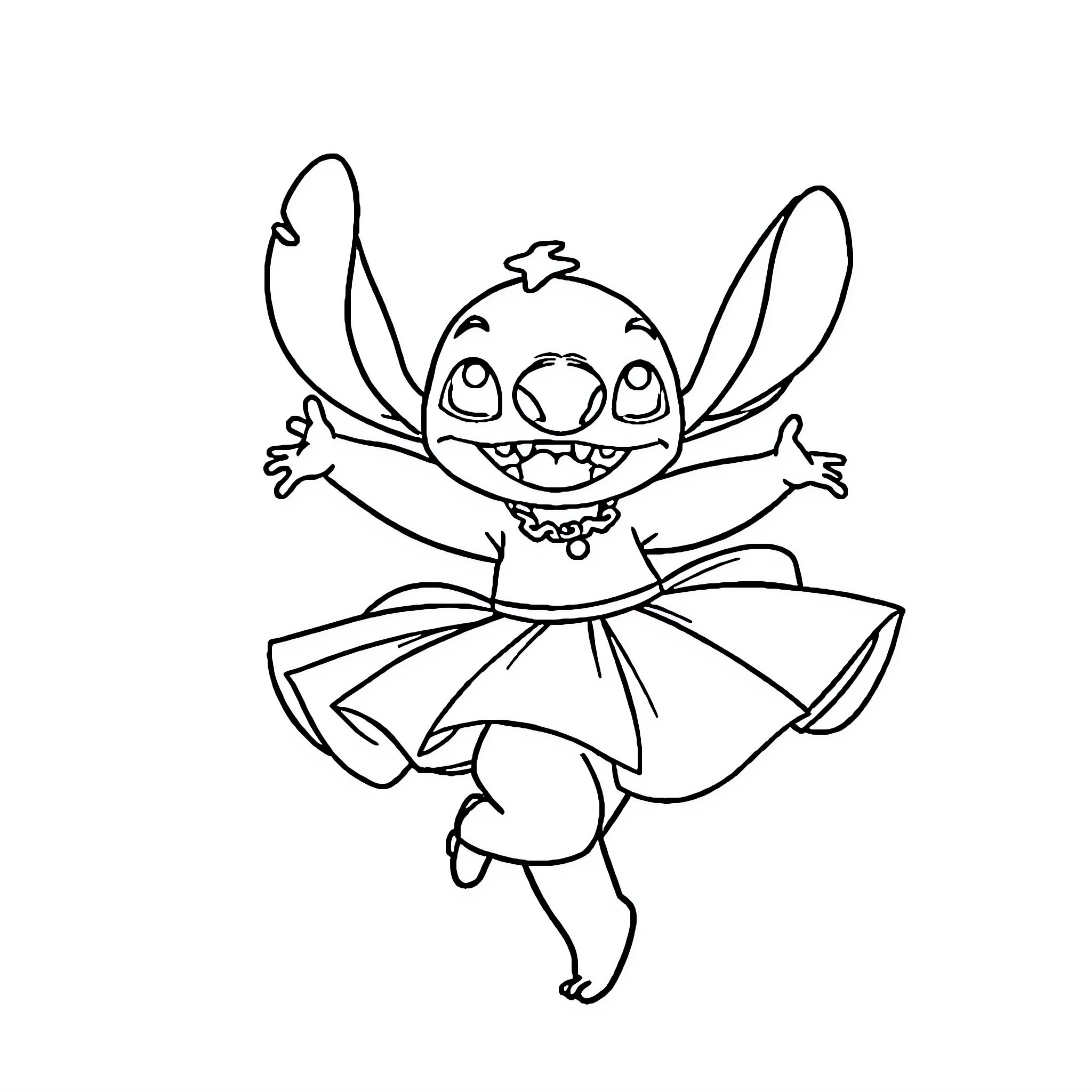 Stitch dancing joyfully in costume Coloring Page (free black-and-white line drawing printable PDF for all, from beginners to advanced learners, including children, teens, adults, and seniors)