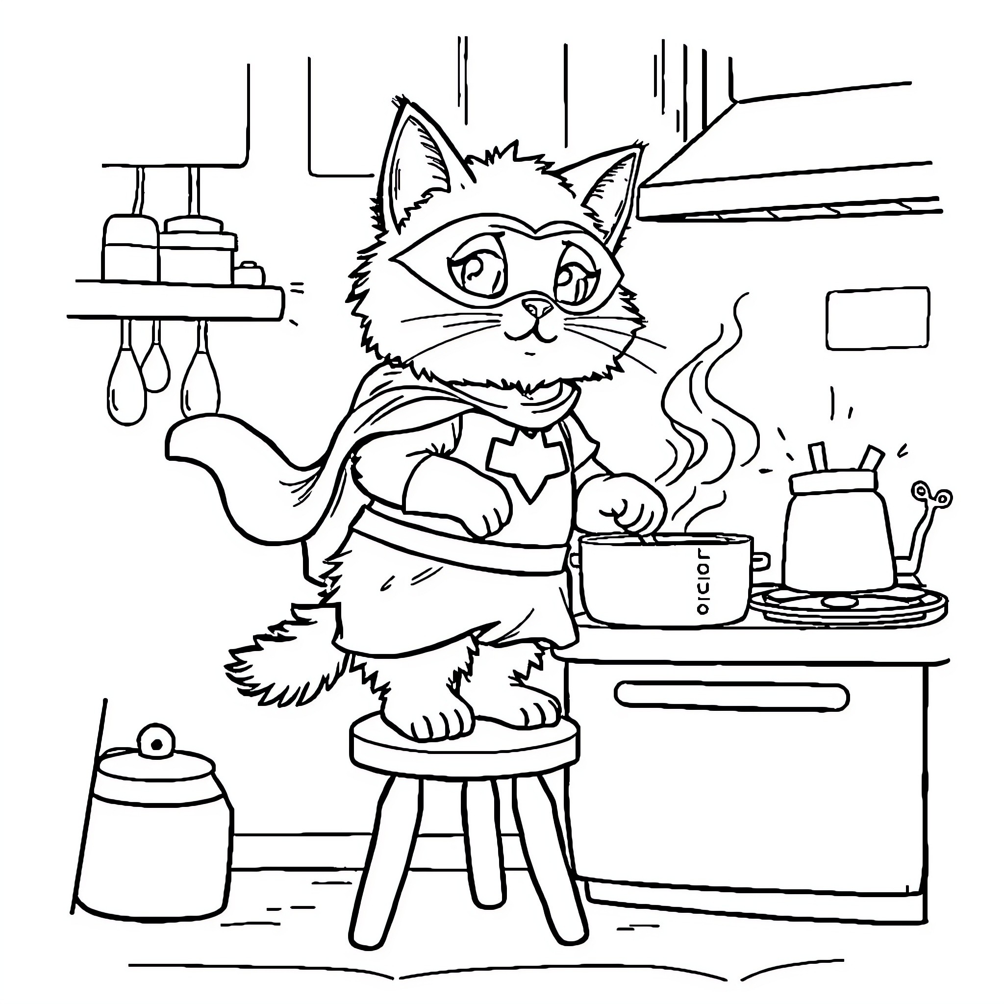 Cat chef cooking in the kitchen Coloring Page (free black-and-white line drawing printable PDF for all, from beginners to advanced learners, including children, teens, adults, and seniors)