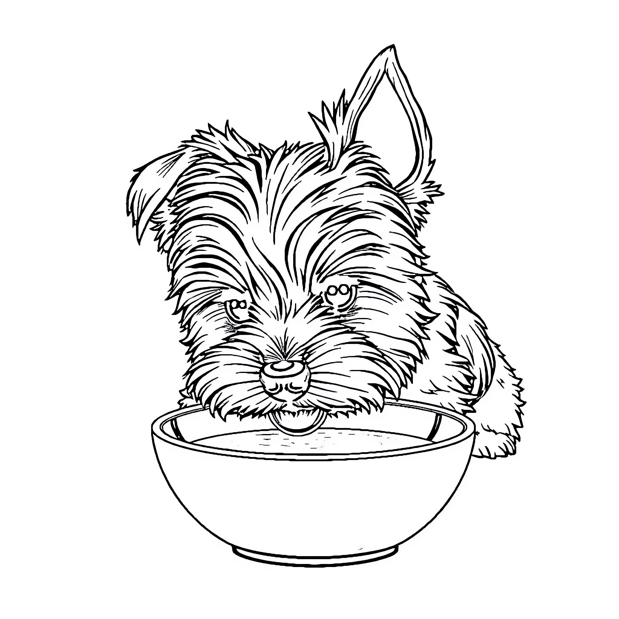 Yorkshire Terrier enjoying a snack in a bowl Coloring Page (free black-and-white line drawing printable PDF for all, from beginners to advanced learners, including children, teens, adults, and seniors)