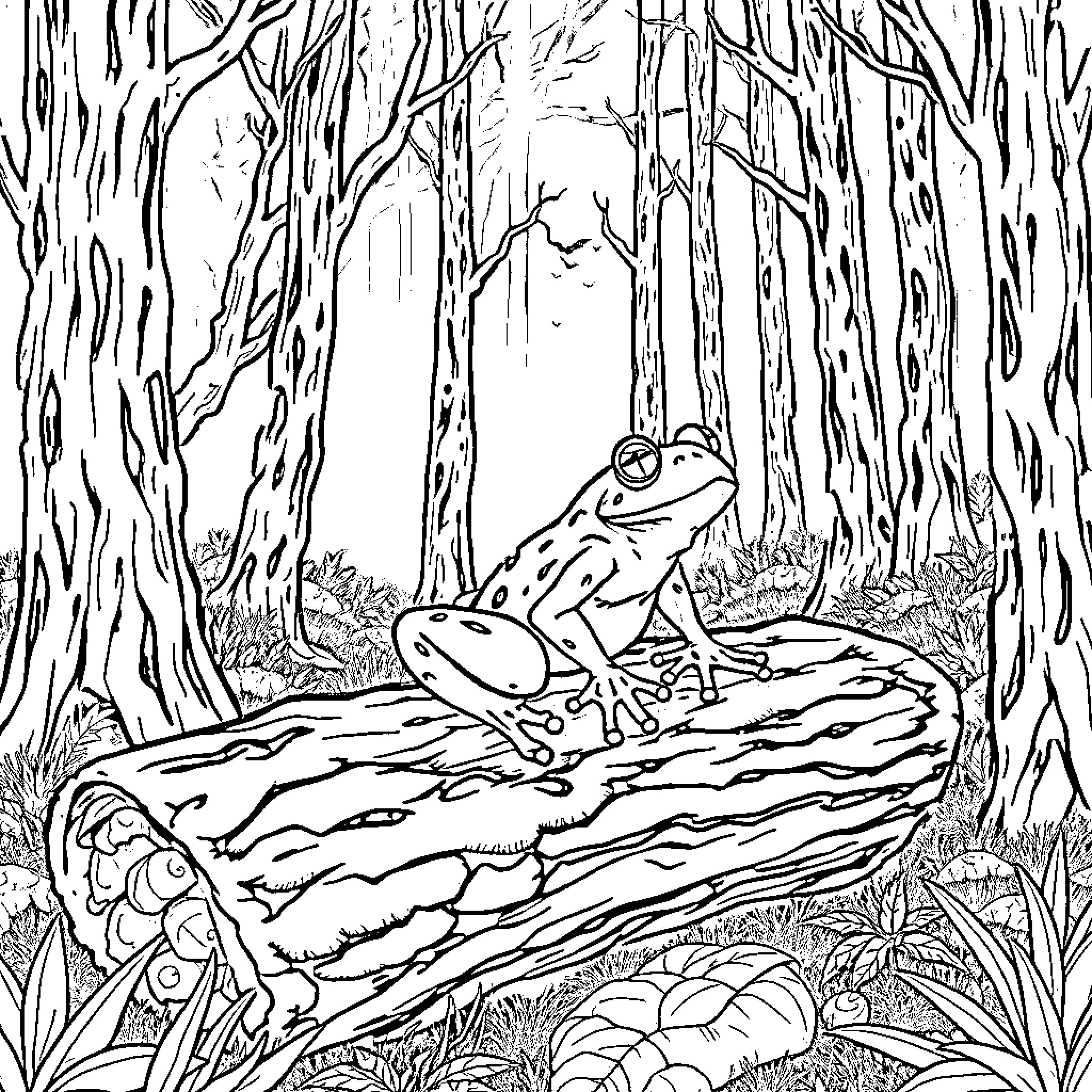 Frog resting on a fallen log in the forest Coloring Page (free black-and-white line drawing printable PDF for all, from beginners to advanced learners, including children, teens, adults, and seniors)