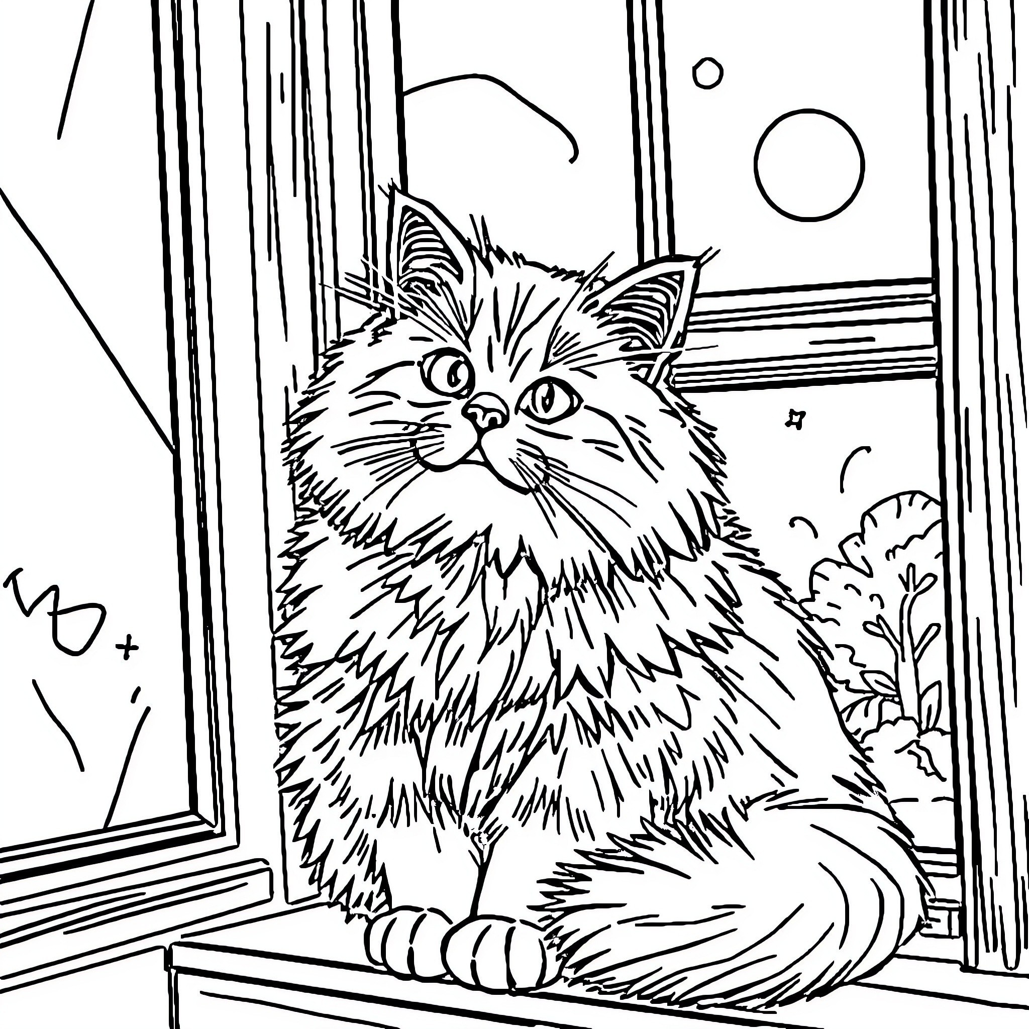 Cat gazing through the window Coloring Page (free black-and-white line drawing printable PDF for all, from beginners to advanced learners, including children, teens, adults, and seniors)