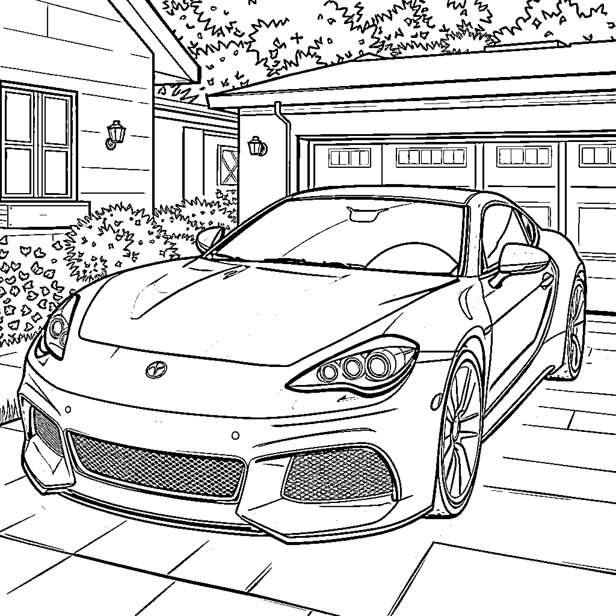 Car parked in front of residential house Coloring Page (free black-and-white line drawing printable PDF for all, from beginners to advanced learners, including children, teens, adults, and seniors)