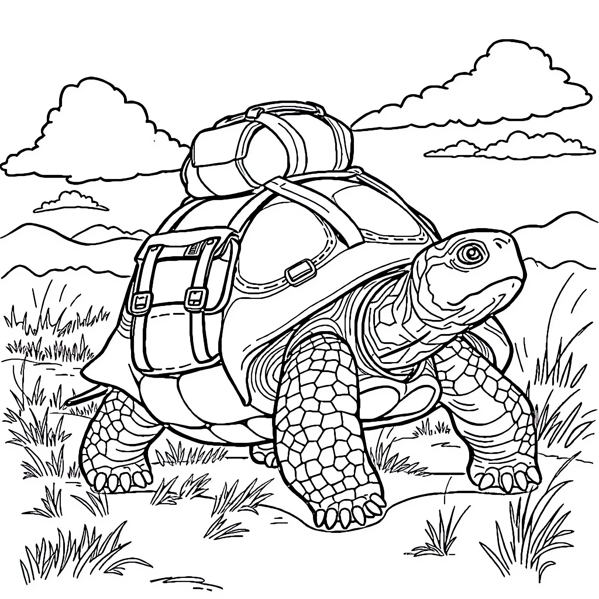 Tortul Turtle's Adventurous Journey Coloring Page (free black-and-white line drawing printable PDF for all, from beginners to advanced learners, including children, teens, adults, and seniors)