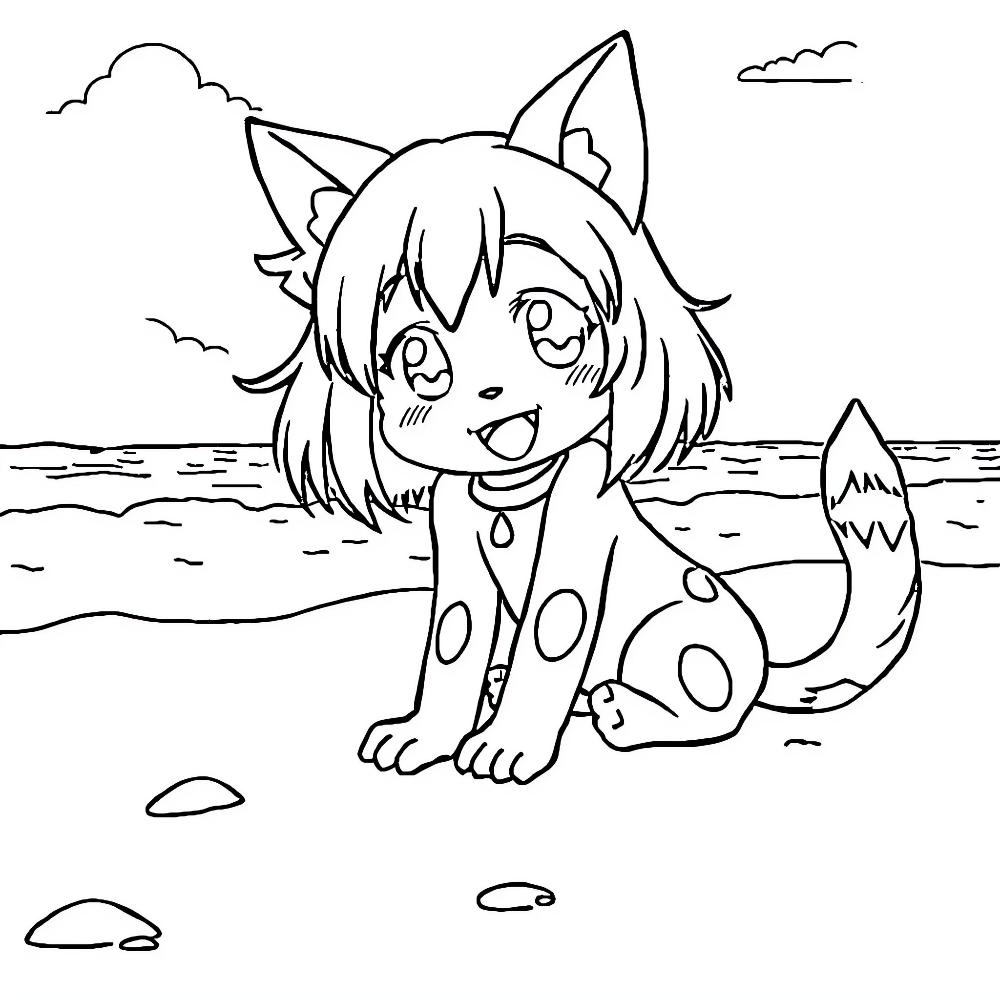 Kuromi's Playful Adventure by the Sea Coloring Page (free black-and-white line drawing printable PDF for all, from beginners to advanced learners, including children, teens, adults, and seniors)