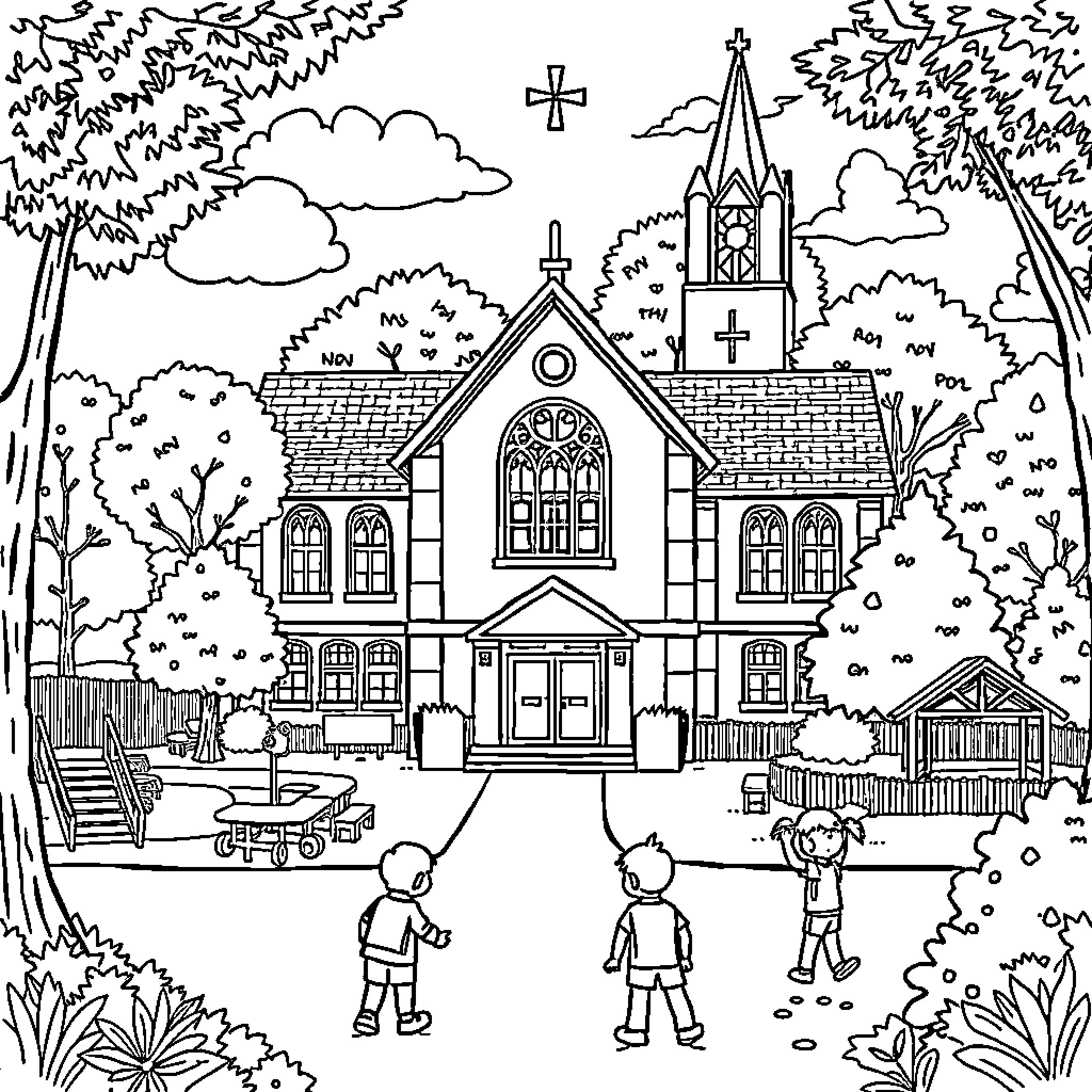St Mary's Church in a Tranquil Outdoor Setting Coloring Page (free black-and-white line drawing printable PDF for all, from beginners to advanced learners, including children, teens, adults, and seniors)