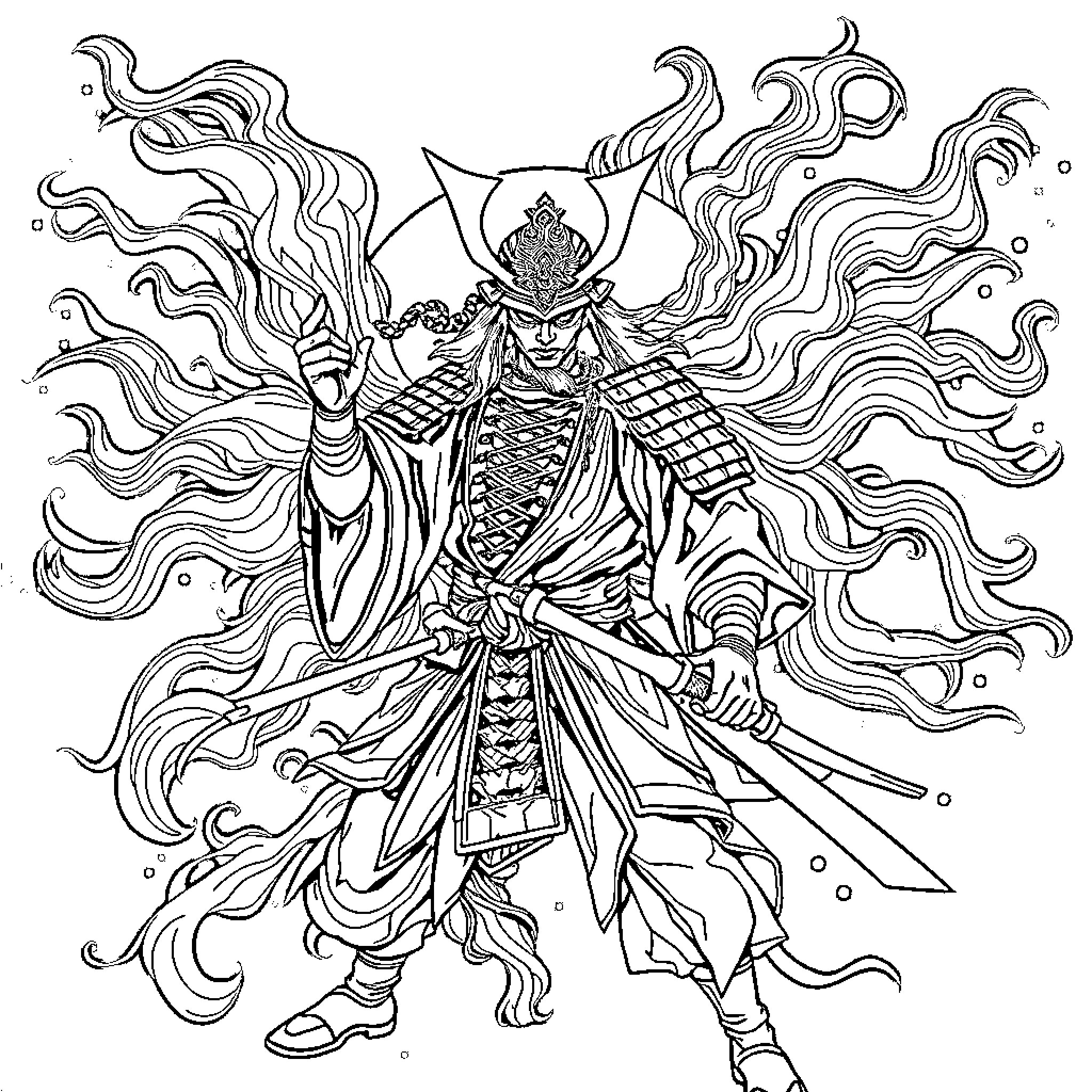 Samurai Warrior's Fierce Stance and Flowing Attire Coloring Page (free black-and-white line drawing printable PDF for all, from beginners to advanced learners, including children, teens, adults, and seniors)