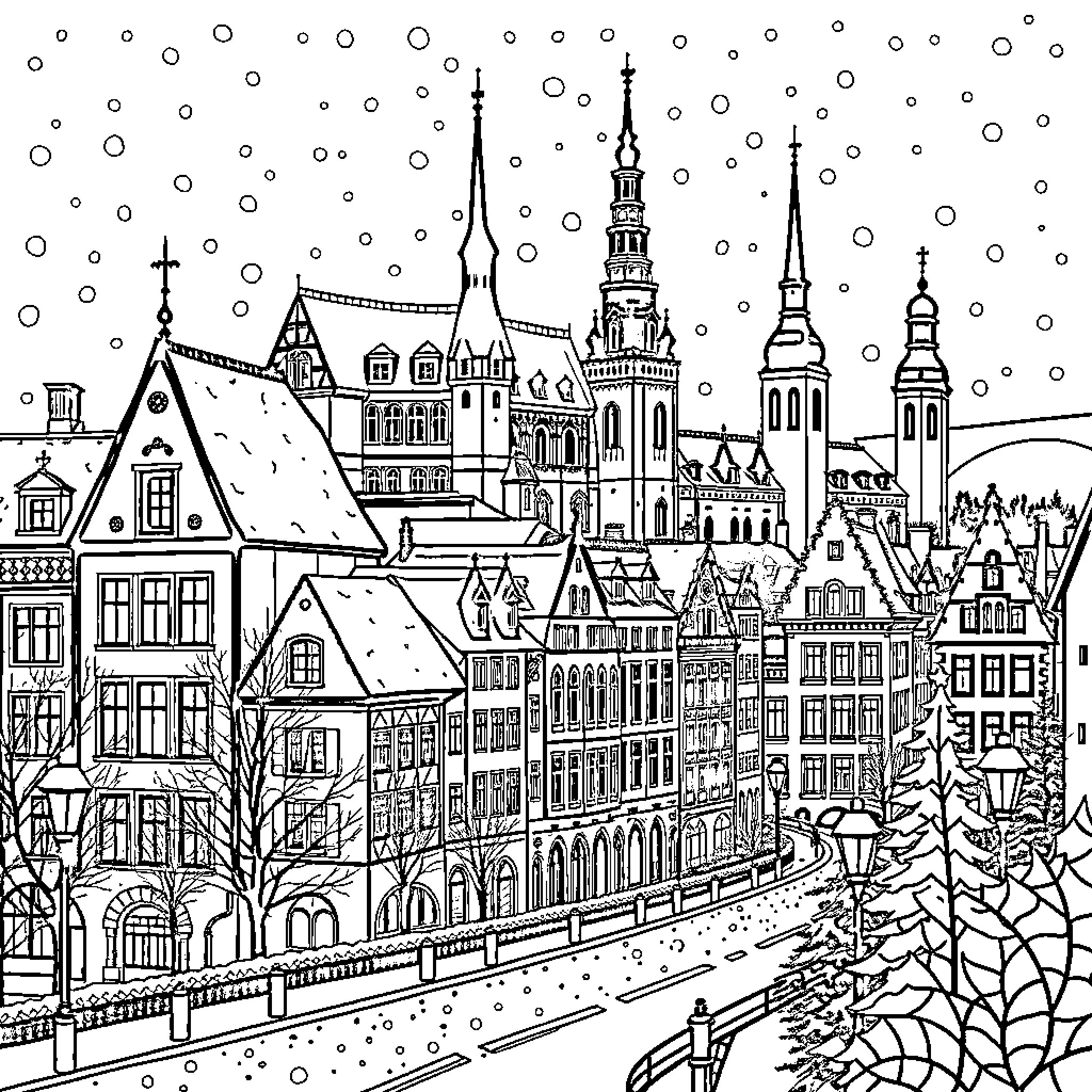 City of medieval architecture and snowy scenery Coloring Page (free black-and-white line drawing printable PDF for all, from beginners to advanced learners, including children, teens, adults, and seniors)