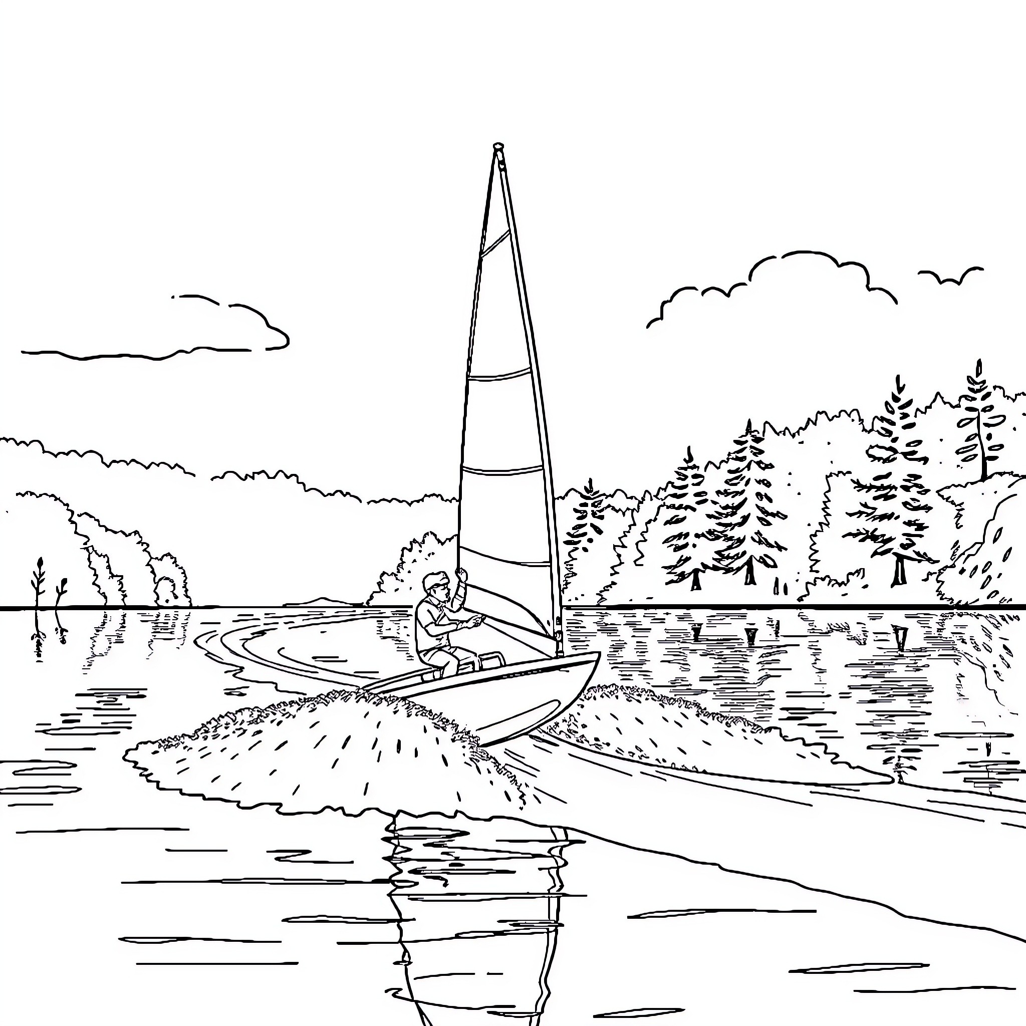 Watersailer in scenic lakeside landscape Coloring Page (free black-and-white line drawing printable PDF for all, from beginners to advanced learners, including children, teens, adults, and seniors)