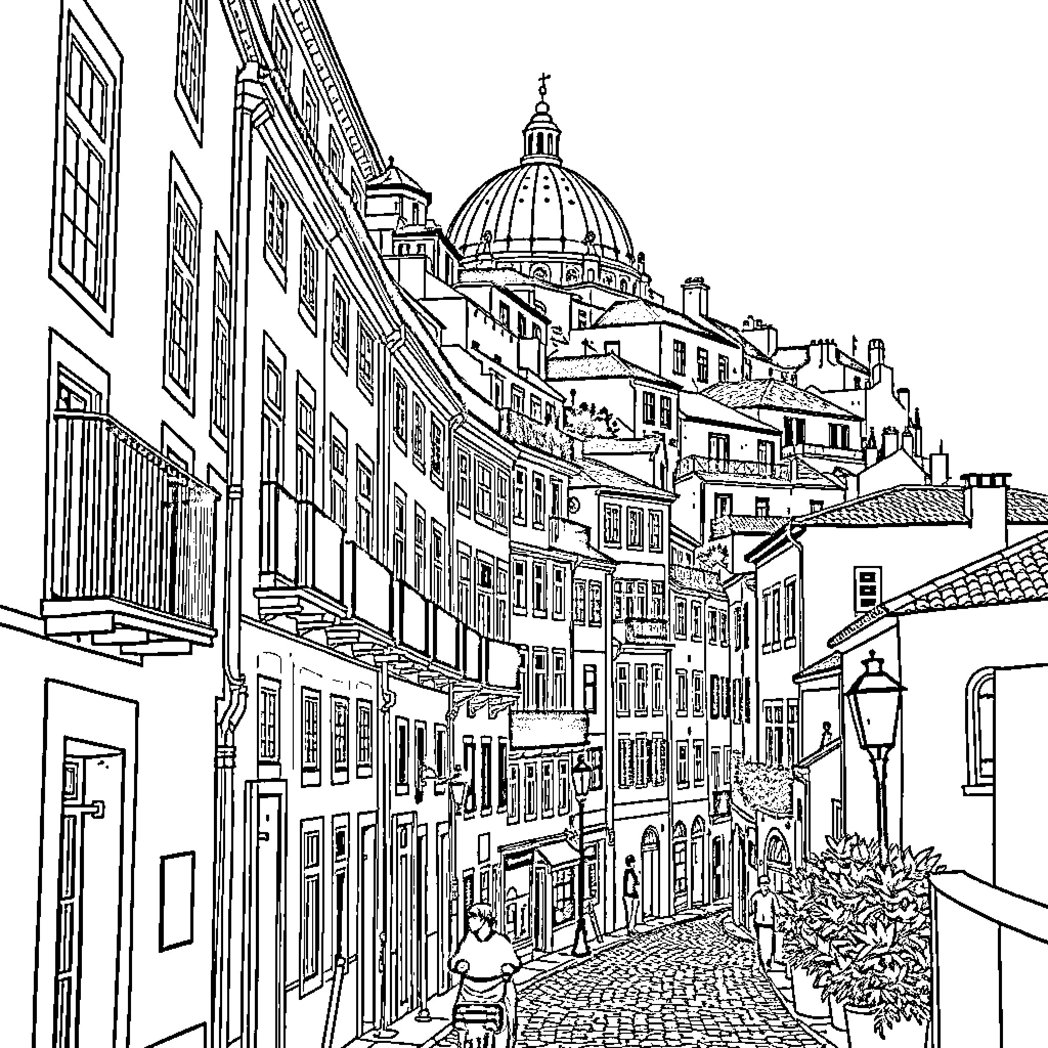 Lisbon cityscape with historic architecture and pedestrians Coloring Page (free black-and-white line drawing printable PDF for all, from beginners to advanced learners, including children, teens, adults, and seniors)