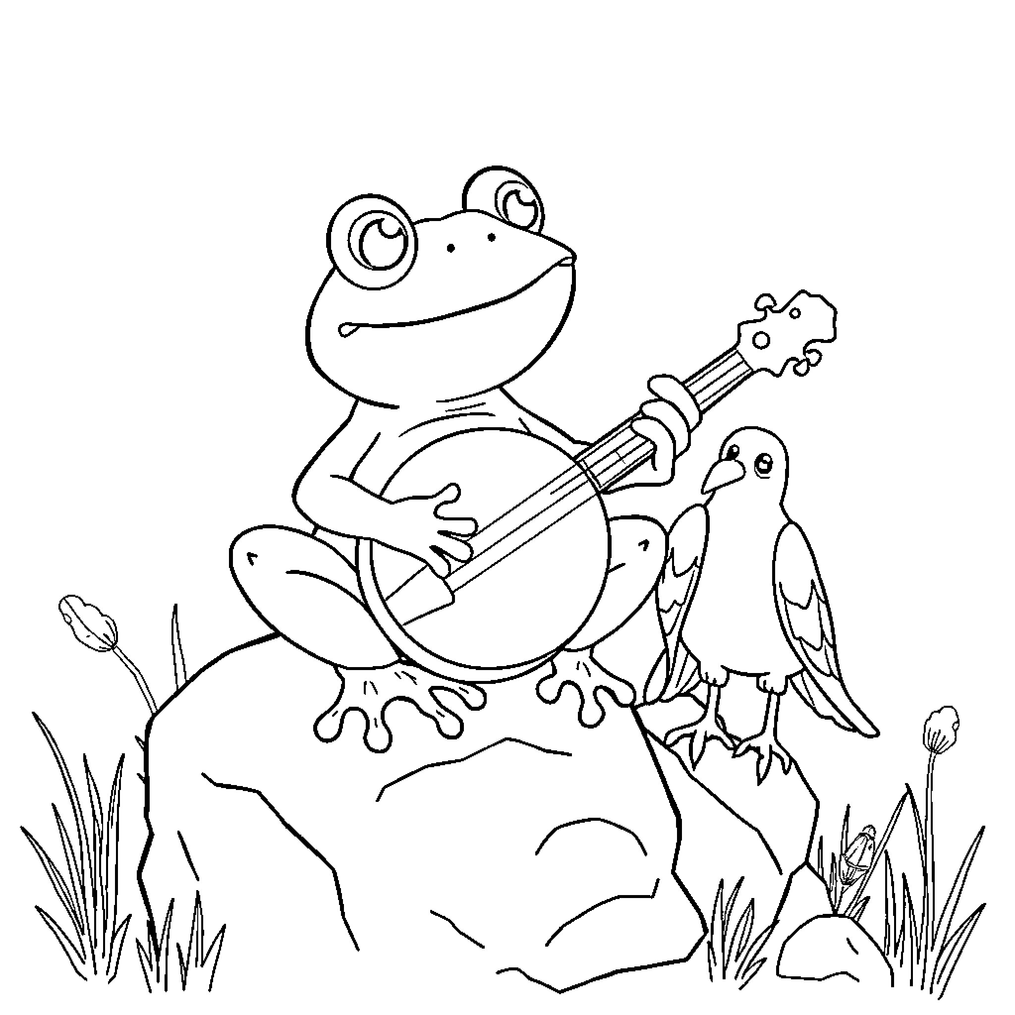 Frog playing guitar with bird companion Coloring Page (free black-and-white line drawing printable PDF for all, from beginners to advanced learners, including children, teens, adults, and seniors)