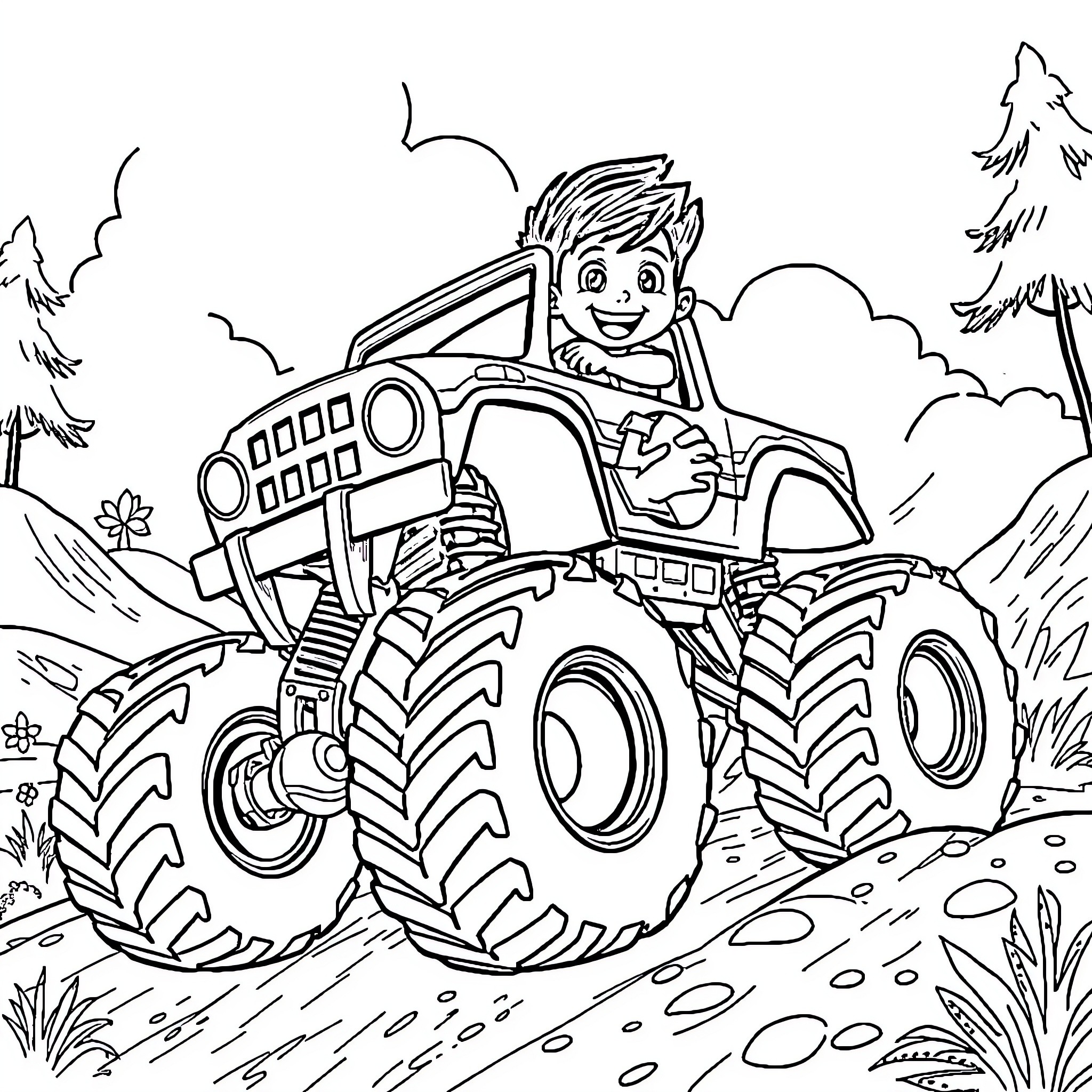 Boy driving a powerful monster truck through the countryside Coloring Page (free black-and-white line drawing printable PDF for all, from beginners to advanced learners, including children, teens, adults, and seniors)