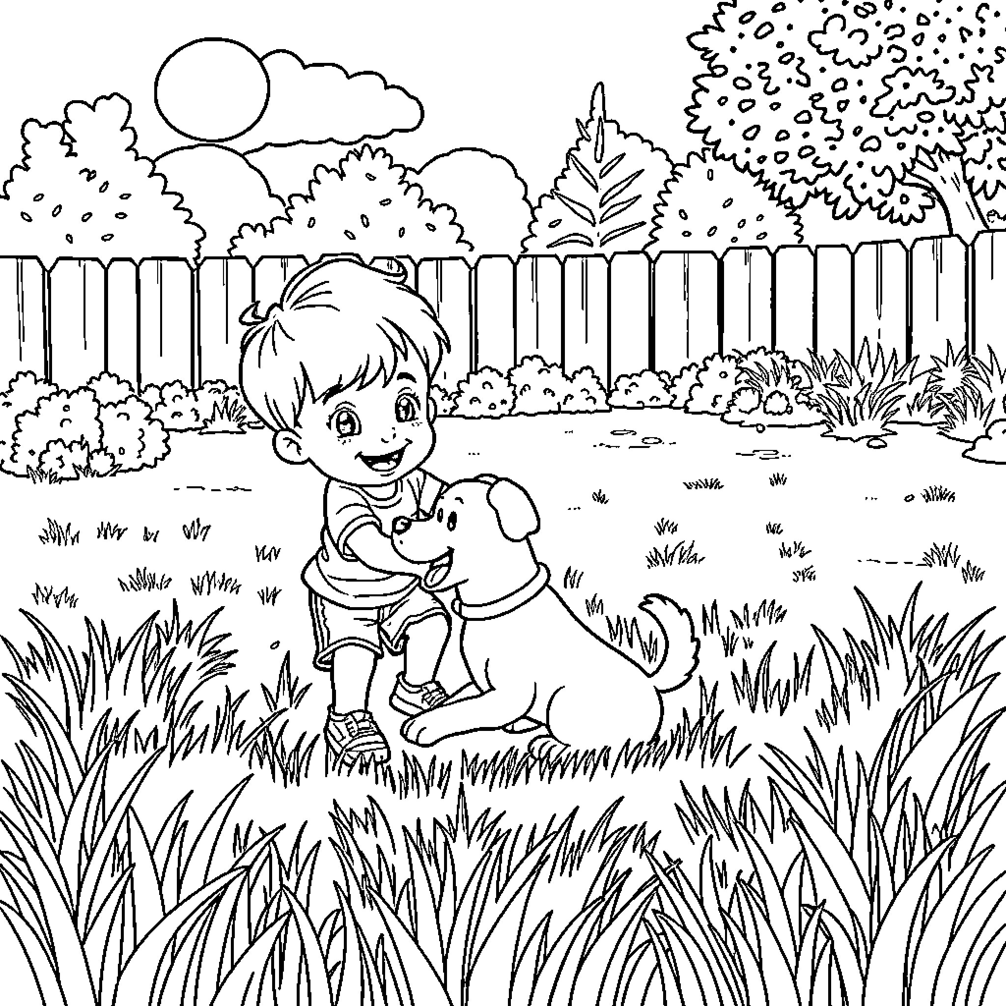 Boy playing joyfully with his pet in the backyard Coloring Page (free black-and-white line drawing printable PDF for all, from beginners to advanced learners, including children, teens, adults, and seniors)