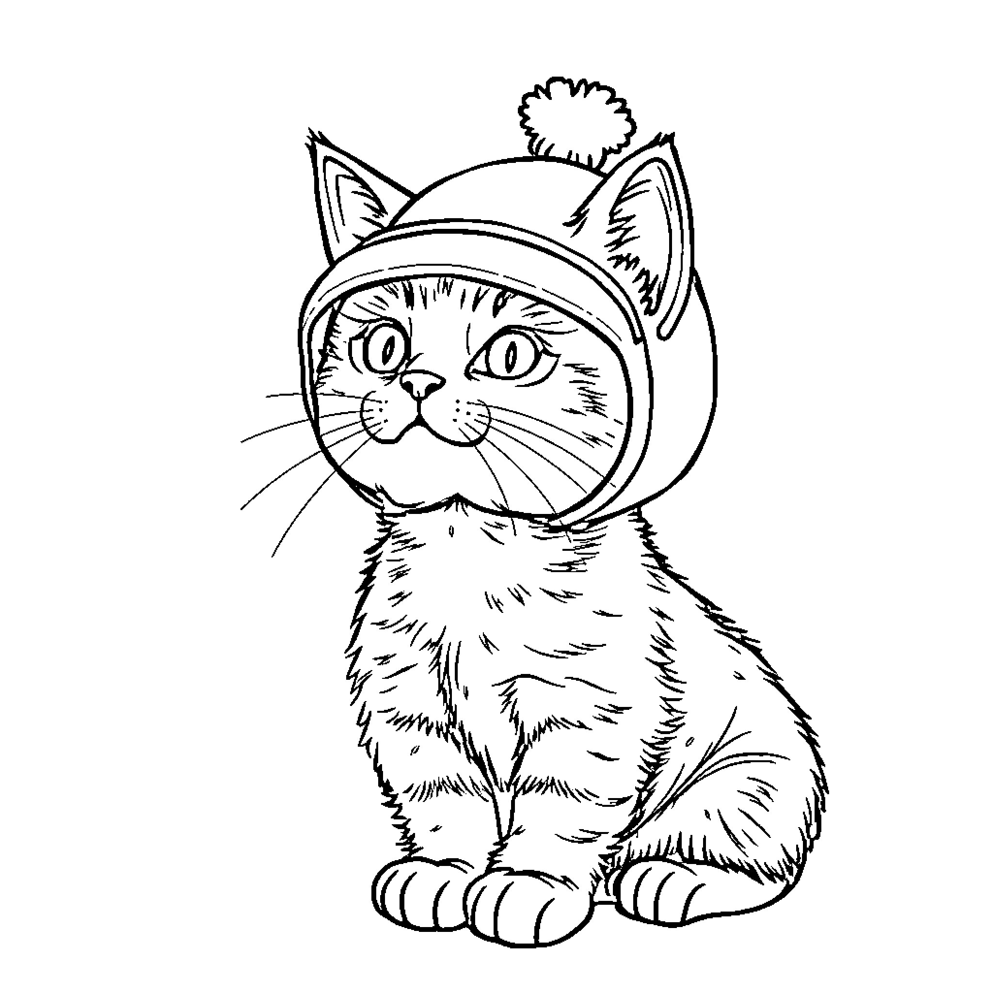 Cat wearing party hat Coloring Page (free black-and-white line drawing printable PDF for all, from beginners to advanced learners, including children, teens, adults, and seniors)