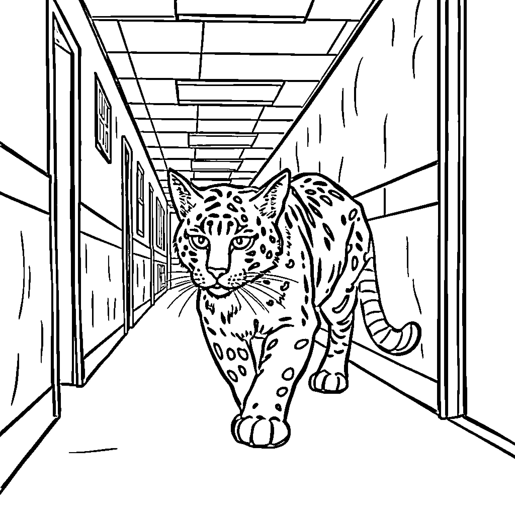 Wildcat roaming the school hallway Coloring Page (free black-and-white line drawing printable PDF for all, from beginners to advanced learners, including children, teens, adults, and seniors)