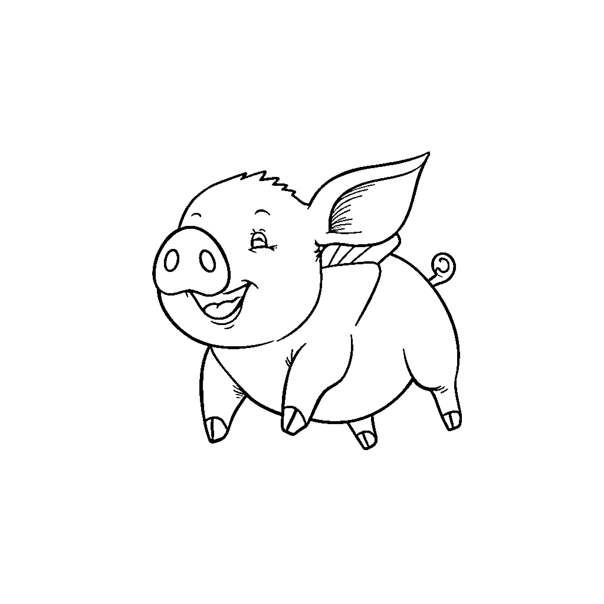 Flying Pig with a Smile and Wings Coloring Page (free black-and-white line drawing printable PDF for all, from beginners to advanced learners, including children, teens, adults, and seniors)
