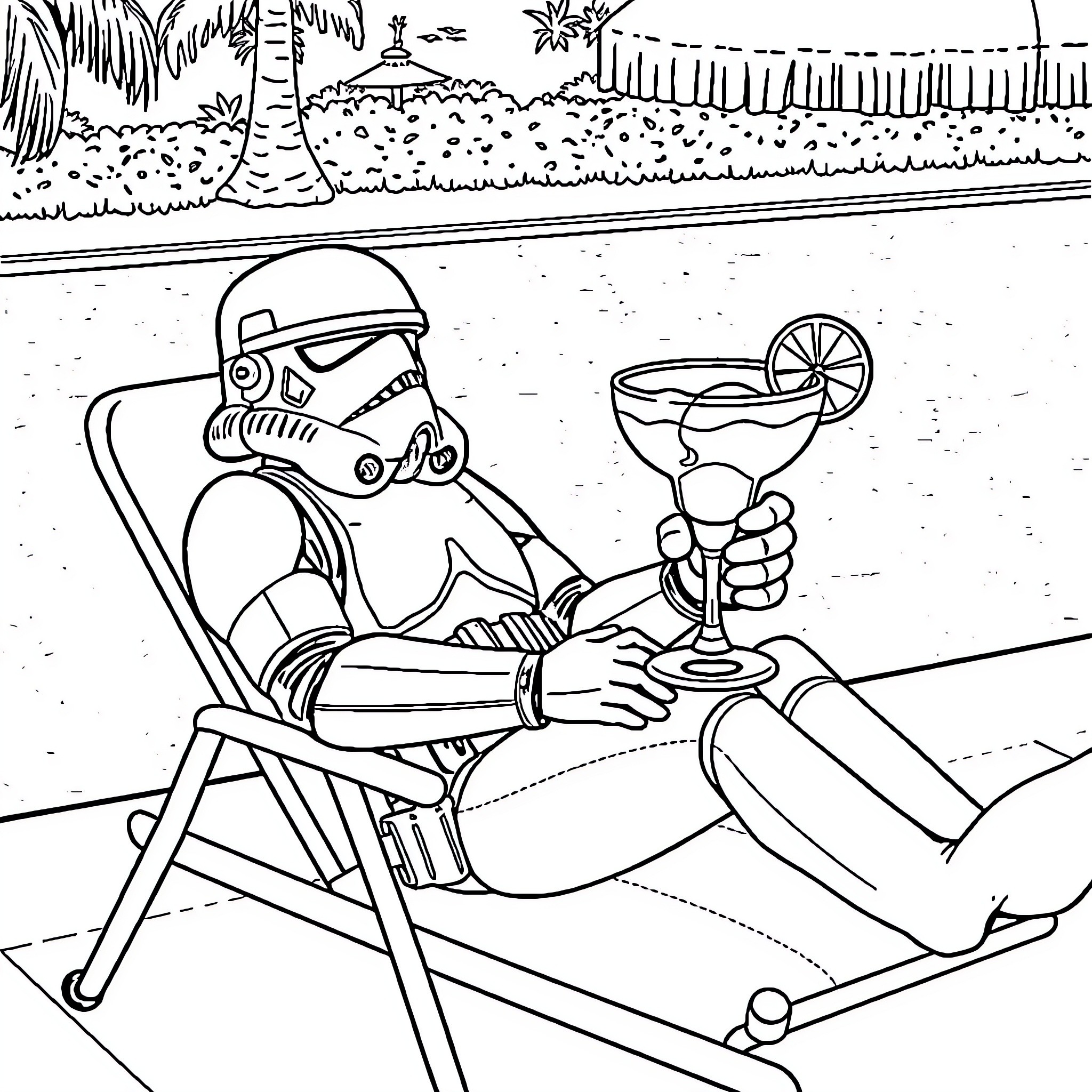 Storm Trooper relaxing with tropical cocktail Coloring Page (free black-and-white line drawing printable PDF for all, from beginners to advanced learners, including children, teens, adults, and seniors)