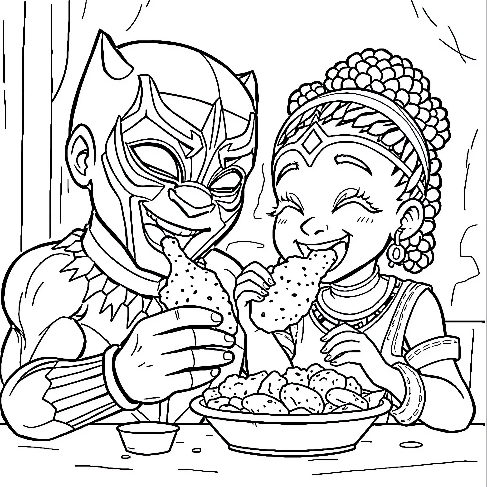 Panther and Tribal Warrior Sharing a Meal Coloring Page (free black-and-white line drawing printable PDF for all, from beginners to advanced learners, including children, teens, adults, and seniors)