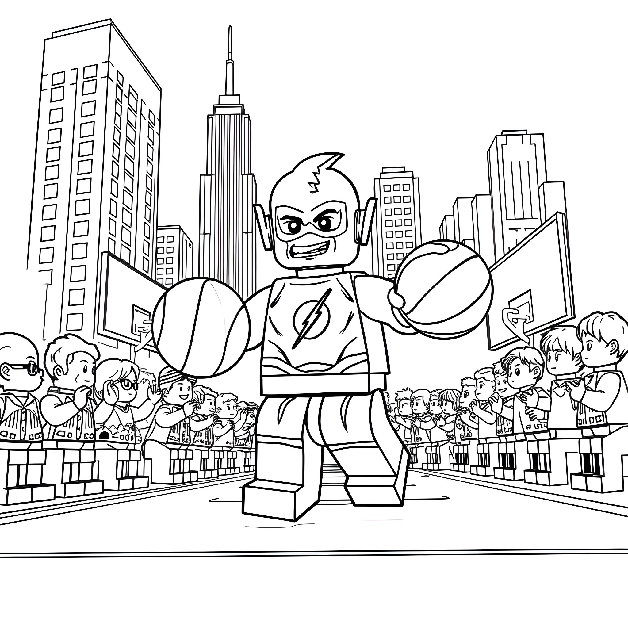 Flash Hero in Cityscape with Crowd Coloring Page (free black-and-white line drawing printable PDF for all, from beginners to advanced learners, including children, teens, adults, and seniors)