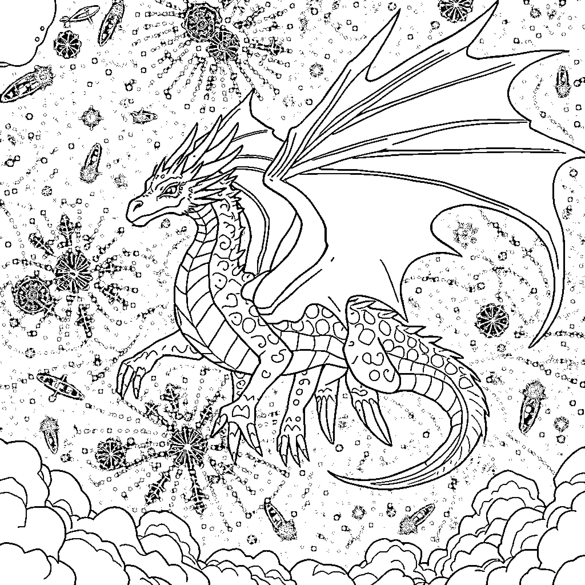 Dragon soaring through a magical winter wonderland Coloring Page (free black-and-white line drawing printable PDF for all, from beginners to advanced learners, including children, teens, adults, and seniors)
