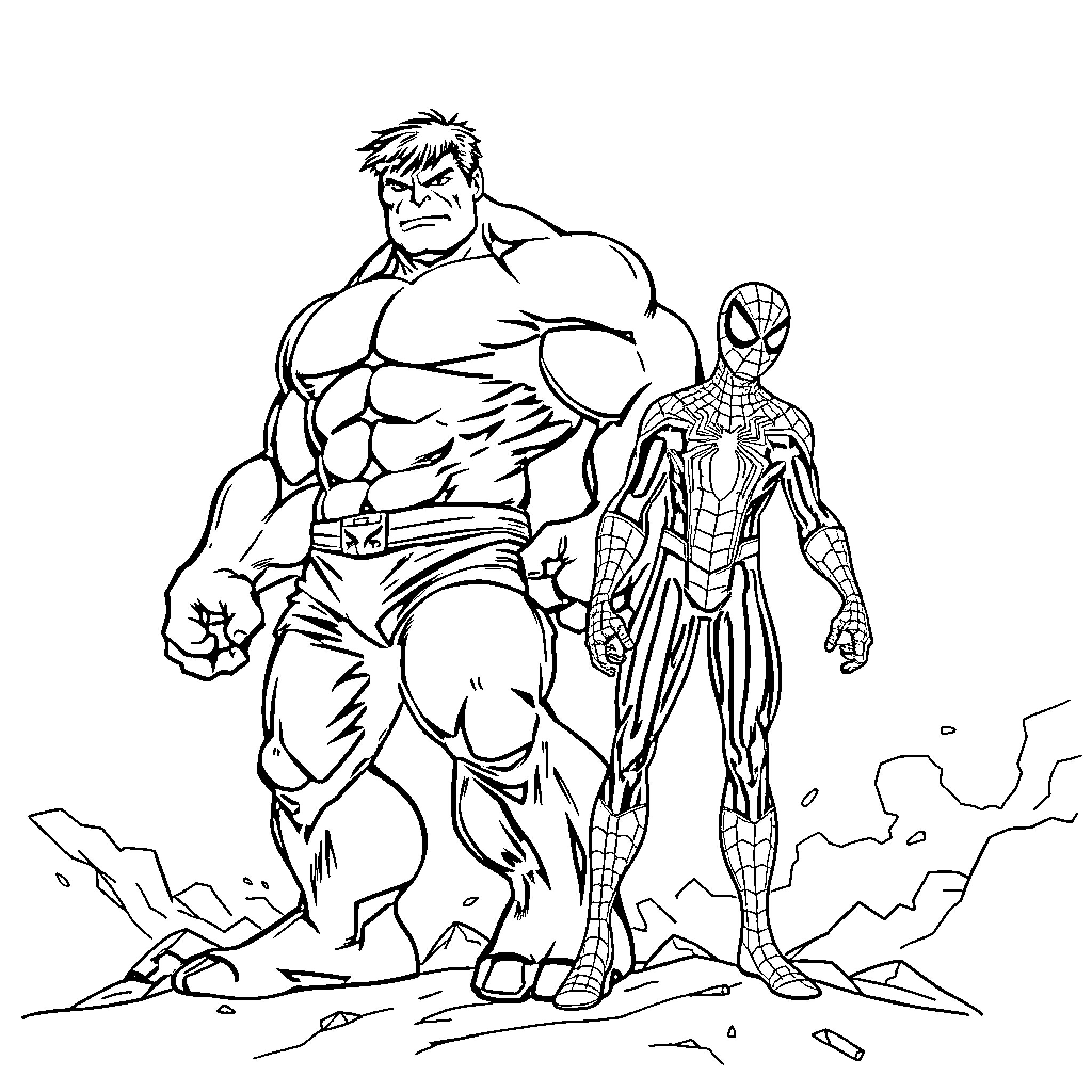 Hulk and Spider-Man confront a challenge together Coloring Page (free black-and-white line drawing printable PDF for all, from beginners to advanced learners, including children, teens, adults, and seniors)