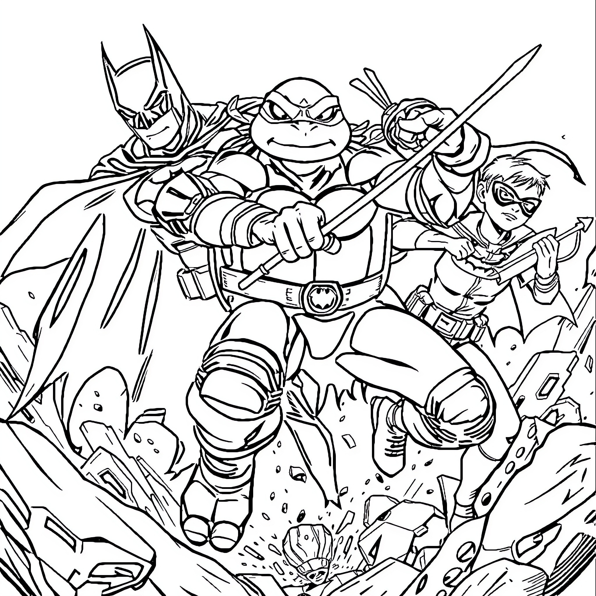 Turtle superheroes in an action-packed scene Coloring Page (free black-and-white line drawing printable PDF for all, from beginners to advanced learners, including children, teens, adults, and seniors)