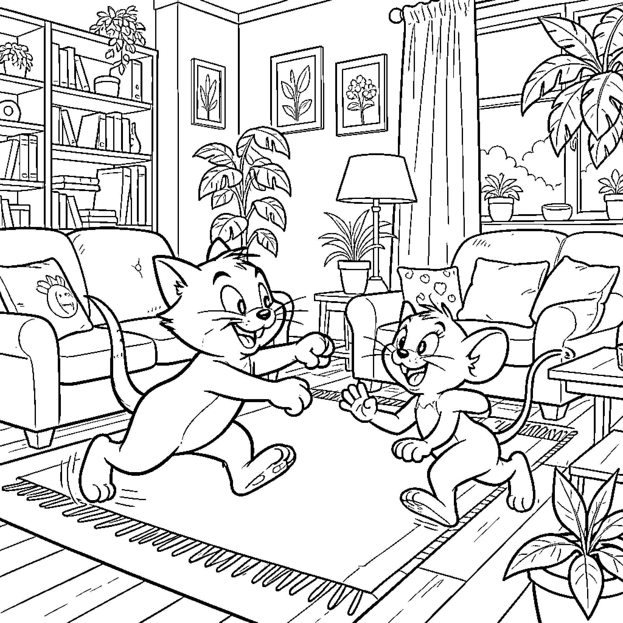 Tom and Jerry's Indoor Antics Coloring Page (free black-and-white line drawing printable PDF for all, from beginners to advanced learners, including children, teens, adults, and seniors)