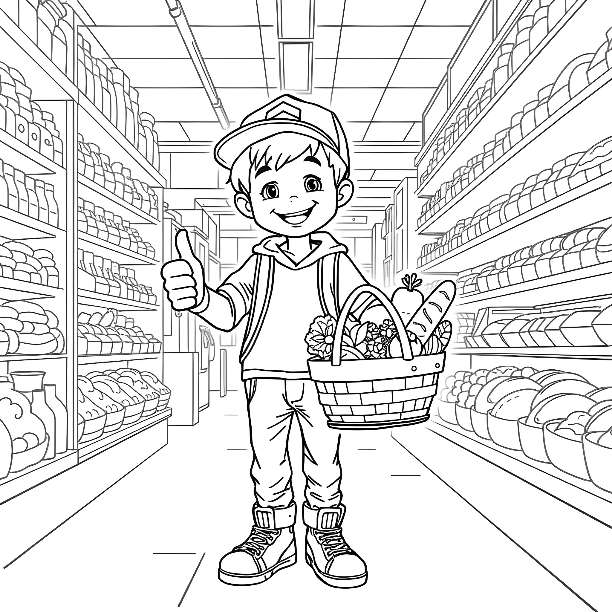 Boy carrying grocery basket in supermarket Coloring Page (free black-and-white line drawing printable PDF for all, from beginners to advanced learners, including children, teens, adults, and seniors)