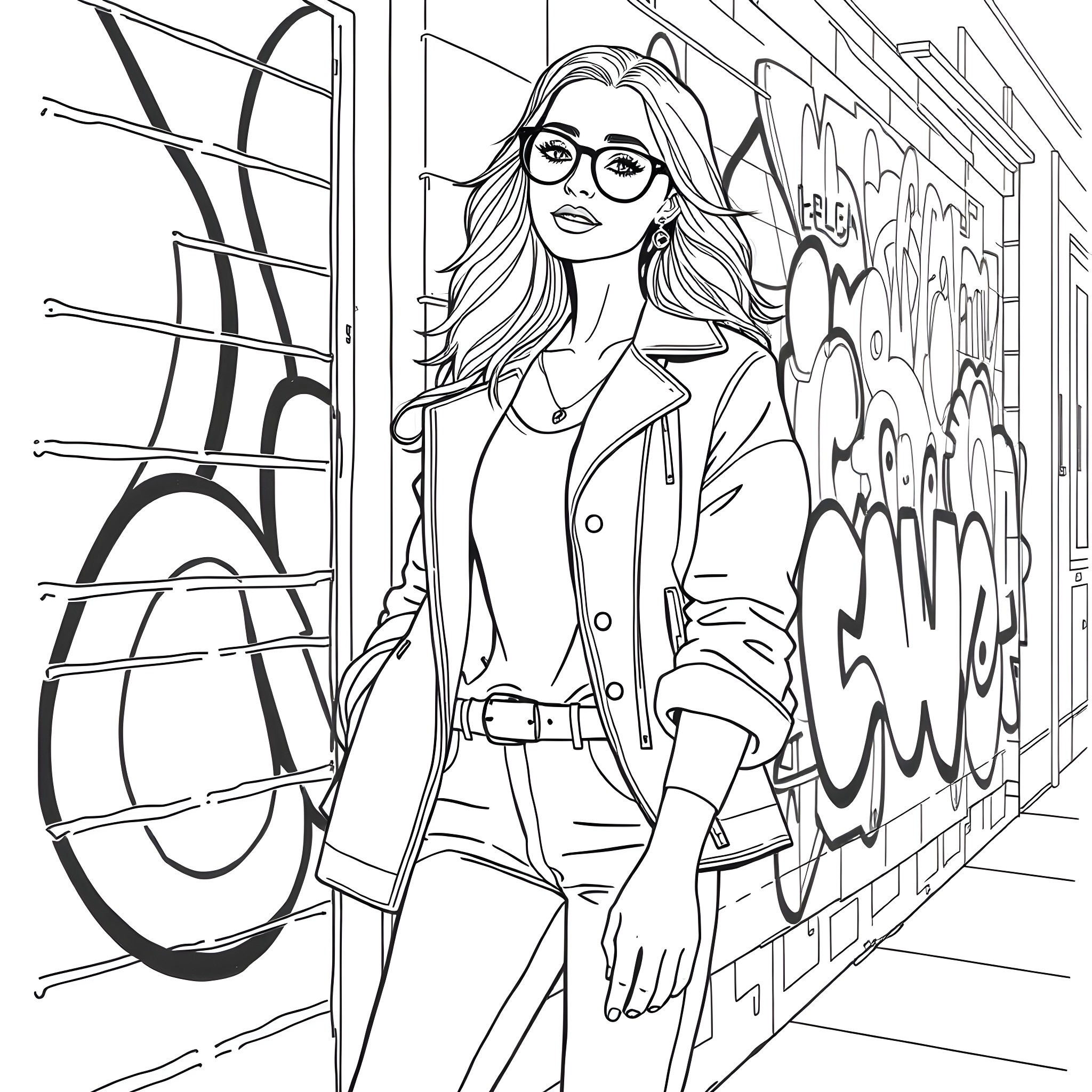 Girlfriend explores the urban landscape in stylish outfit Coloring Page (free black-and-white line drawing printable PDF for all, from beginners to advanced learners, including children, teens, adults, and seniors)
