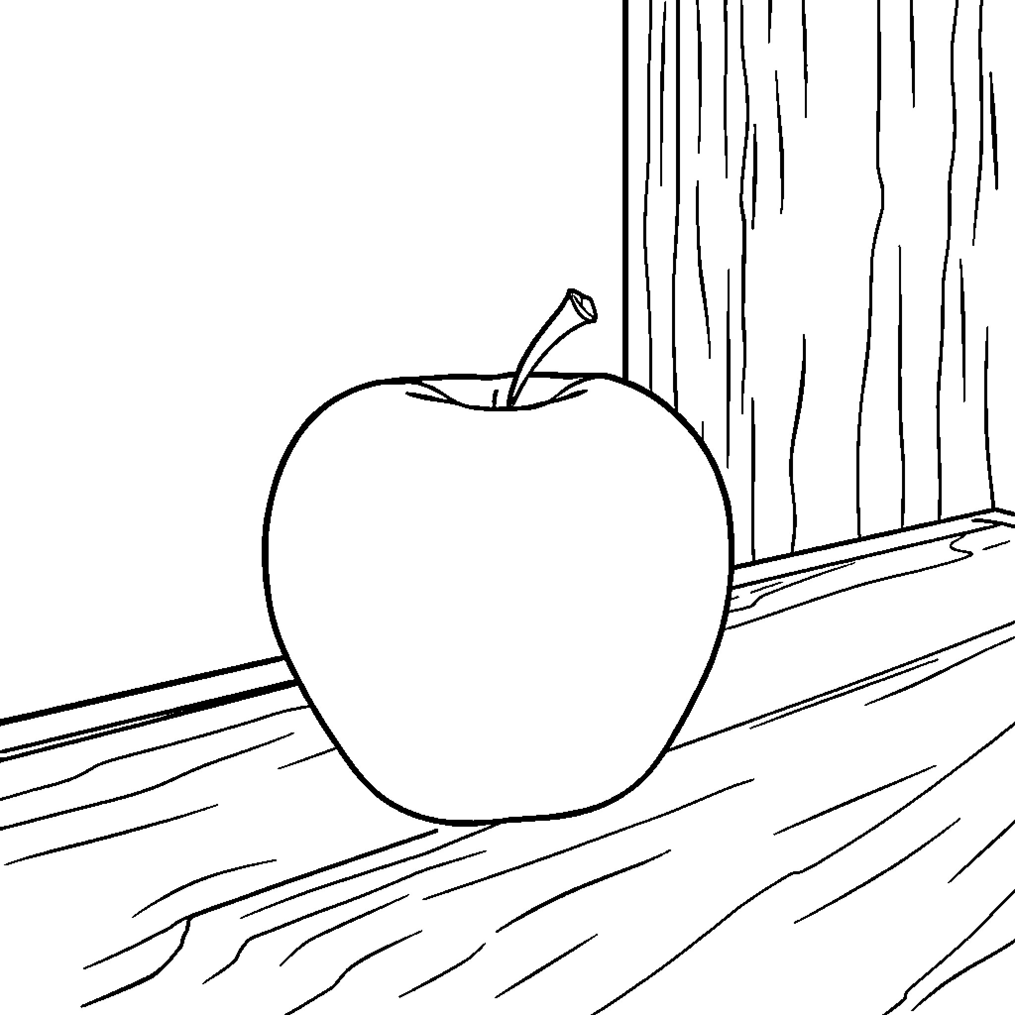 Apple on a wooden surface Coloring Page (free black-and-white line drawing printable PDF for all, from beginners to advanced learners, including children, teens, adults, and seniors)