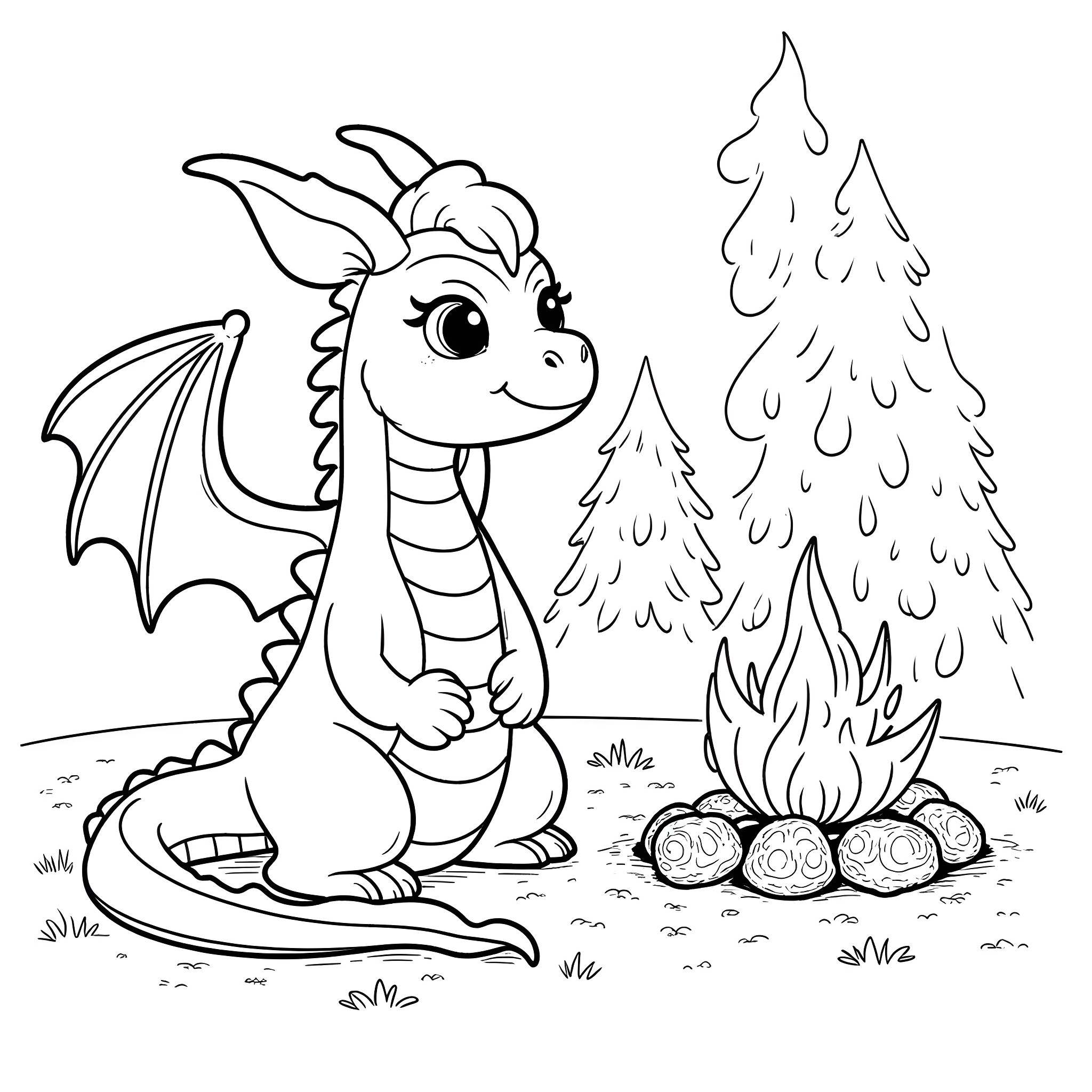 Dragon relaxing by a campfire in the forest Coloring Page (free black-and-white line drawing printable PDF for all, from beginners to advanced learners, including children, teens, adults, and seniors)