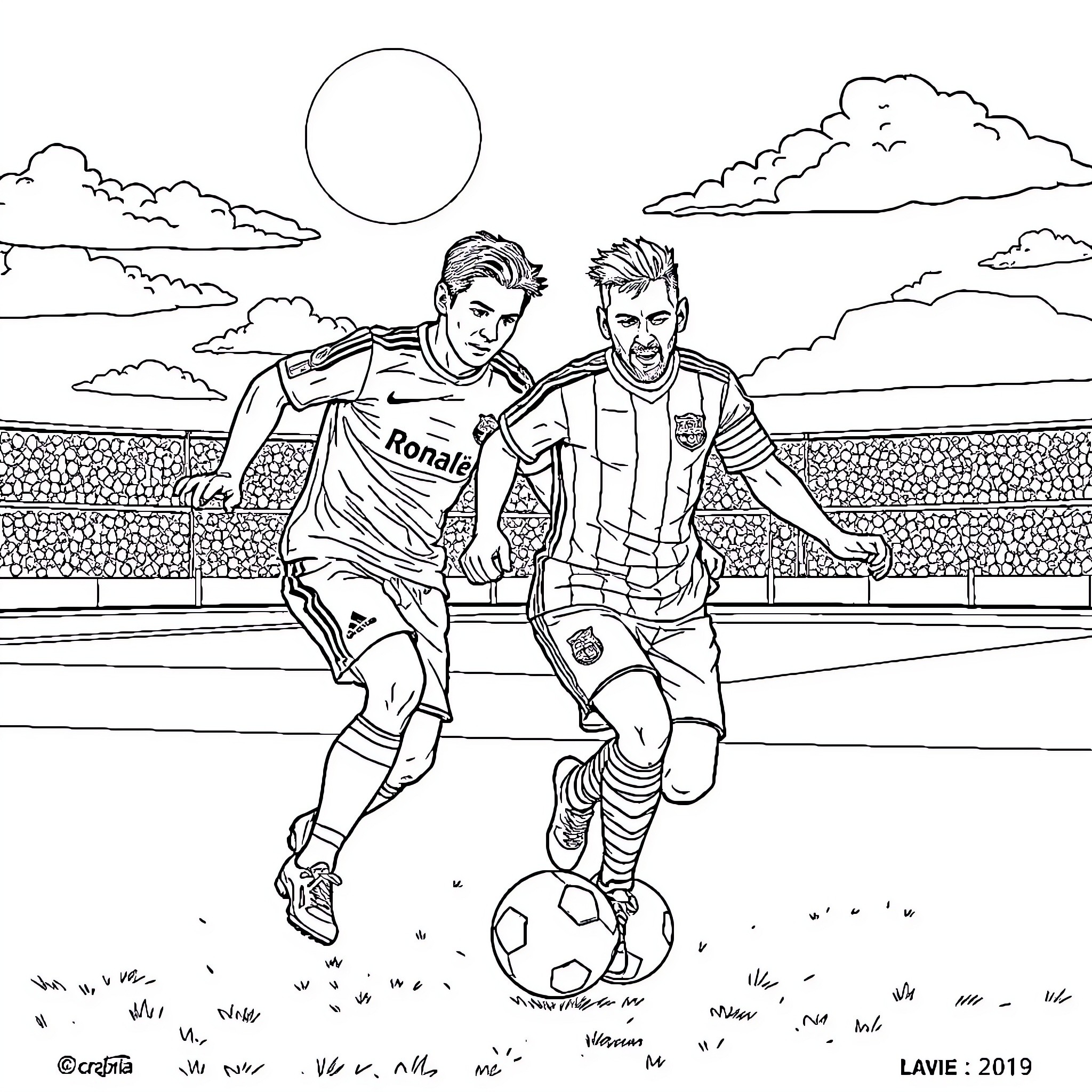 Cristiano Ronaldo and Lionel Messi playing soccer on the field Coloring Page (free black-and-white line drawing printable PDF for all, from beginners to advanced learners, including children, teens, adults, and seniors)