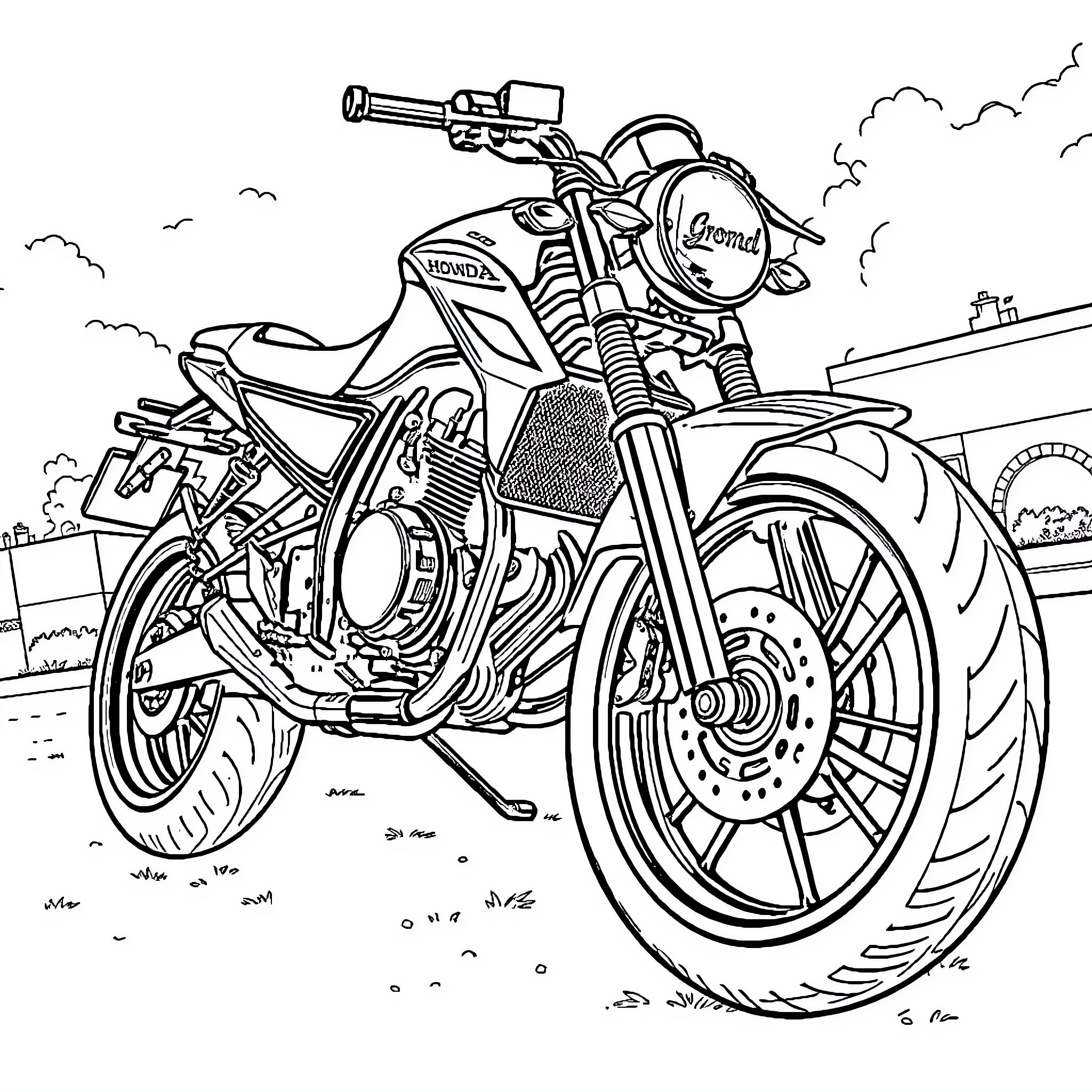 Honda Motorcycle Speeding on the Road Coloring Page (free black-and-white line drawing printable PDF for all, from beginners to advanced learners, including children, teens, adults, and seniors)