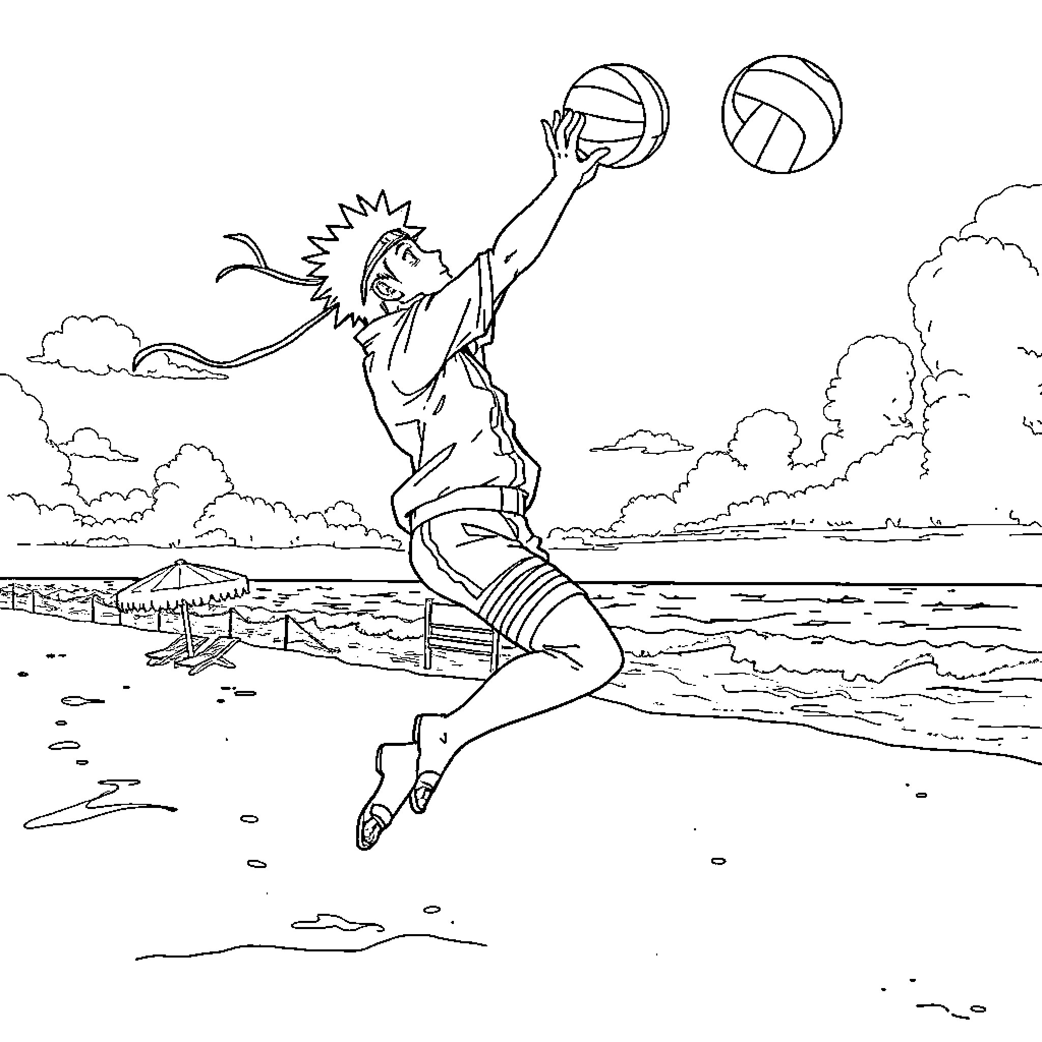 Naruto playing beach volleyball with passion Coloring Page (free black-and-white line drawing printable PDF for all, from beginners to advanced learners, including children, teens, adults, and seniors)