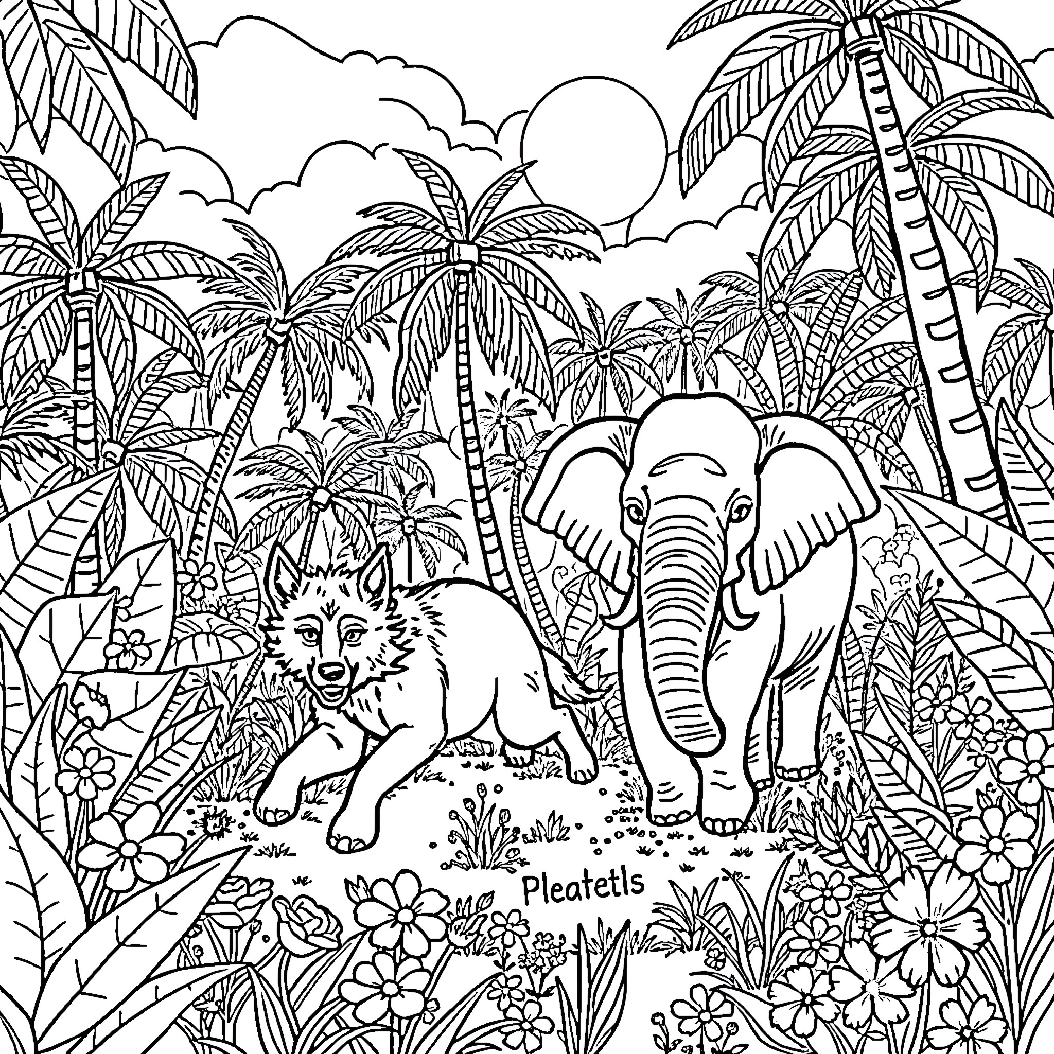 Wolf explores tropical jungle with elephant Coloring Page (free black-and-white line drawing printable PDF for all, from beginners to advanced learners, including children, teens, adults, and seniors)
