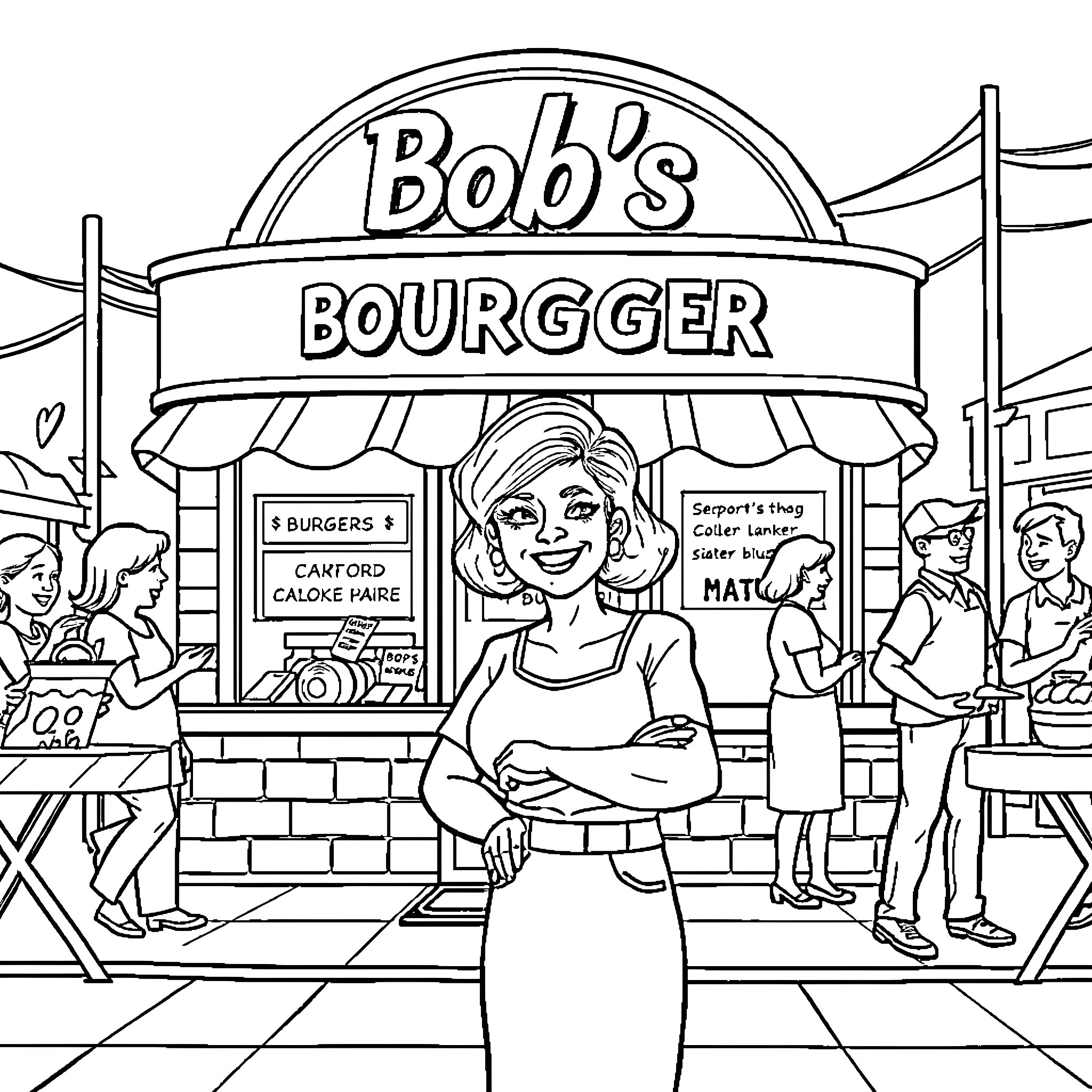 Bob's Delightful Burger Shop Experience Coloring Page (free black-and-white line drawing printable PDF for all, from beginners to advanced learners, including children, teens, adults, and seniors)
