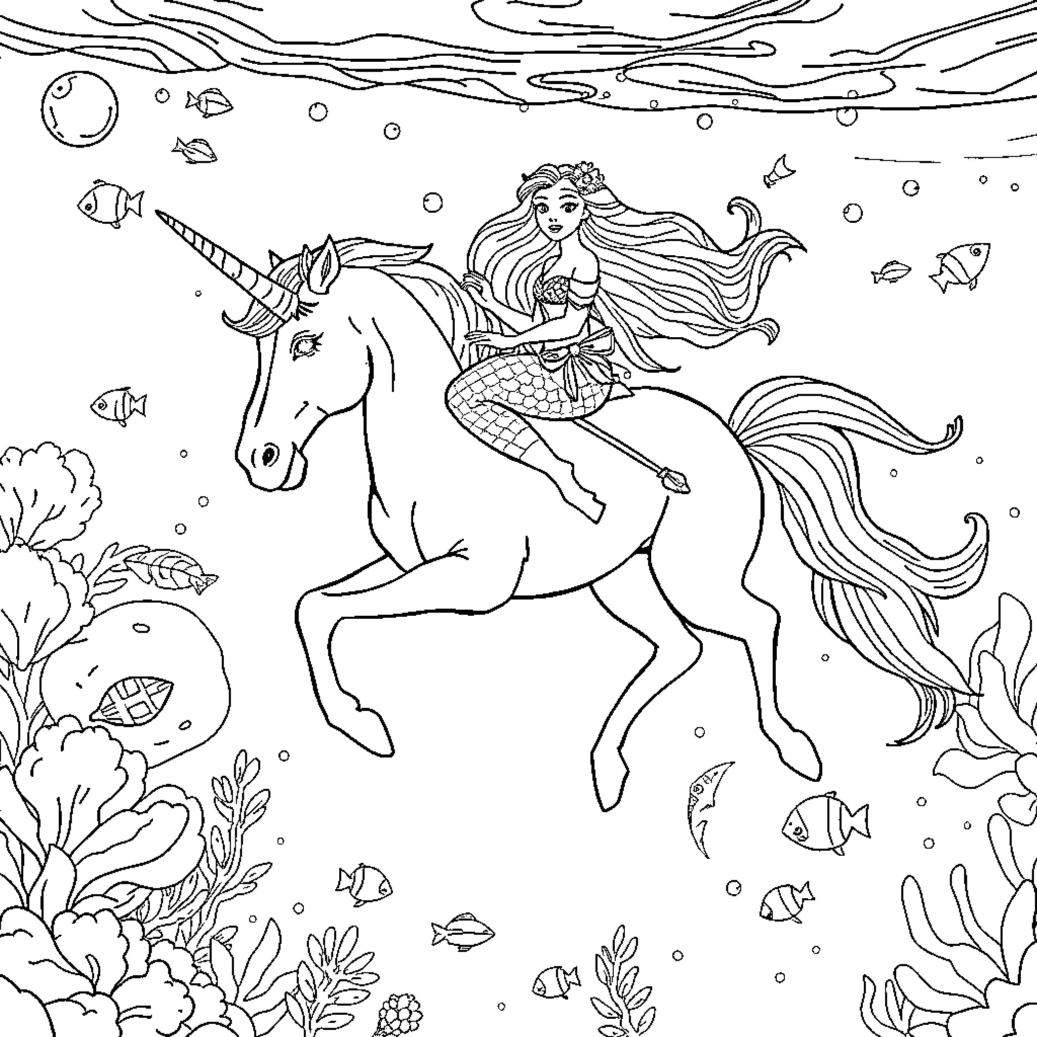 Unicorn mermaid adventures in the underwater world Coloring Page (free black-and-white line drawing printable PDF for all, from beginners to advanced learners, including children, teens, adults, and seniors)