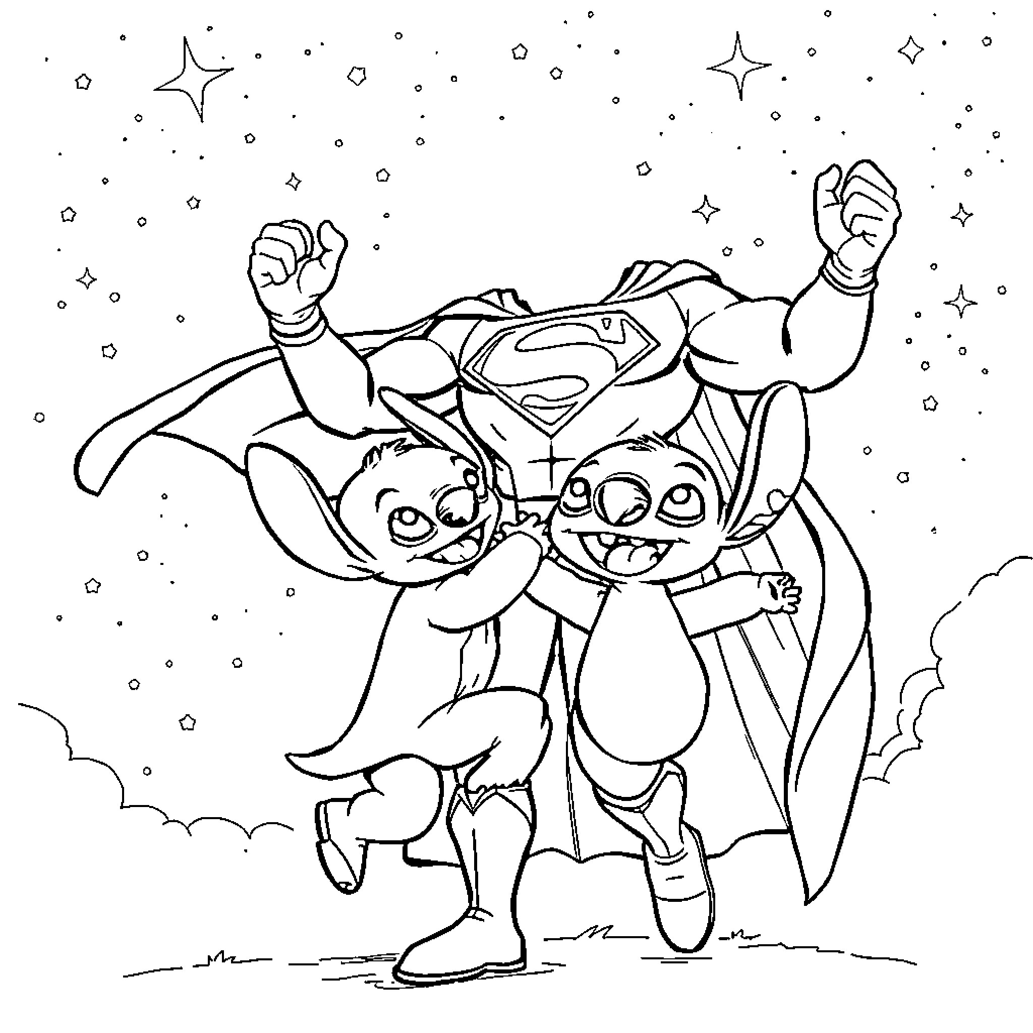Superman and Stitch Heroic Adventure Coloring Page (free black-and-white line drawing printable PDF for all, from beginners to advanced learners, including children, teens, adults, and seniors)