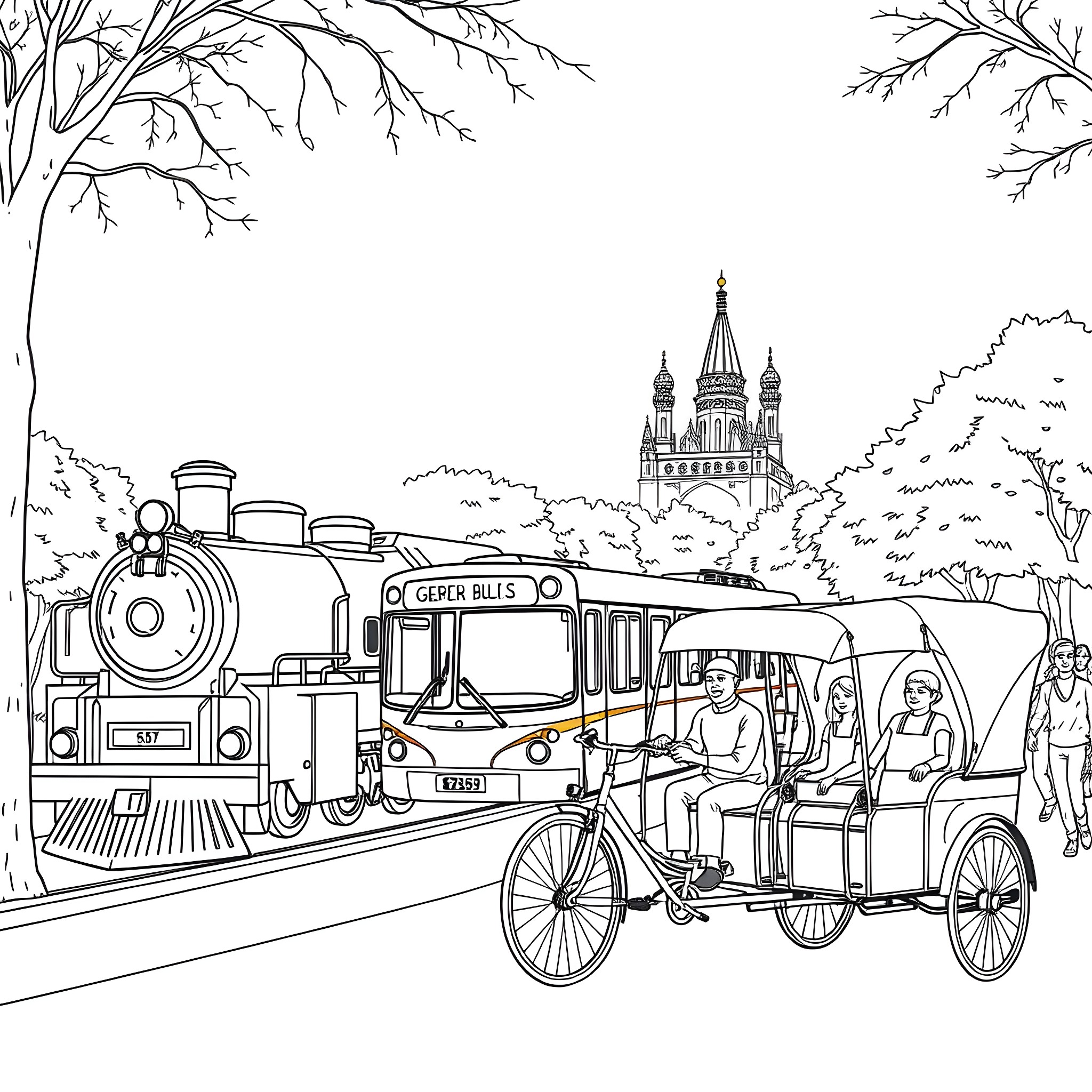 Vehicle transporting travelers through scenic city landscape Coloring Page (free black-and-white line drawing printable PDF for all, from beginners to advanced learners, including children, teens, adults, and seniors)