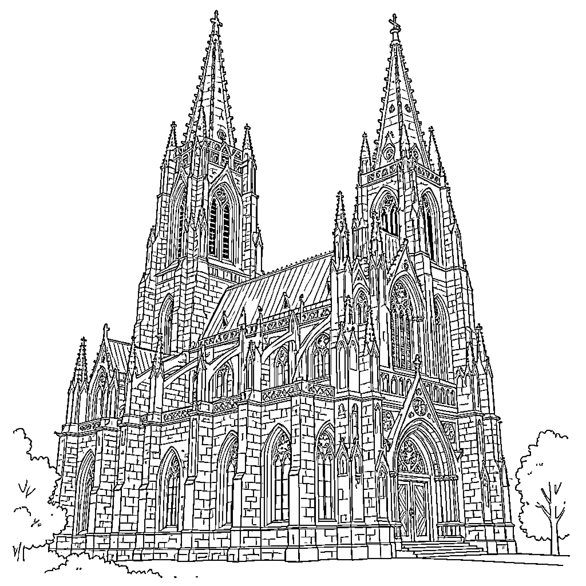 Gothic cathedral standing tall with intricate architectural details Coloring Page (free black-and-white line drawing printable PDF for all, from beginners to advanced learners, including children, teens, adults, and seniors)