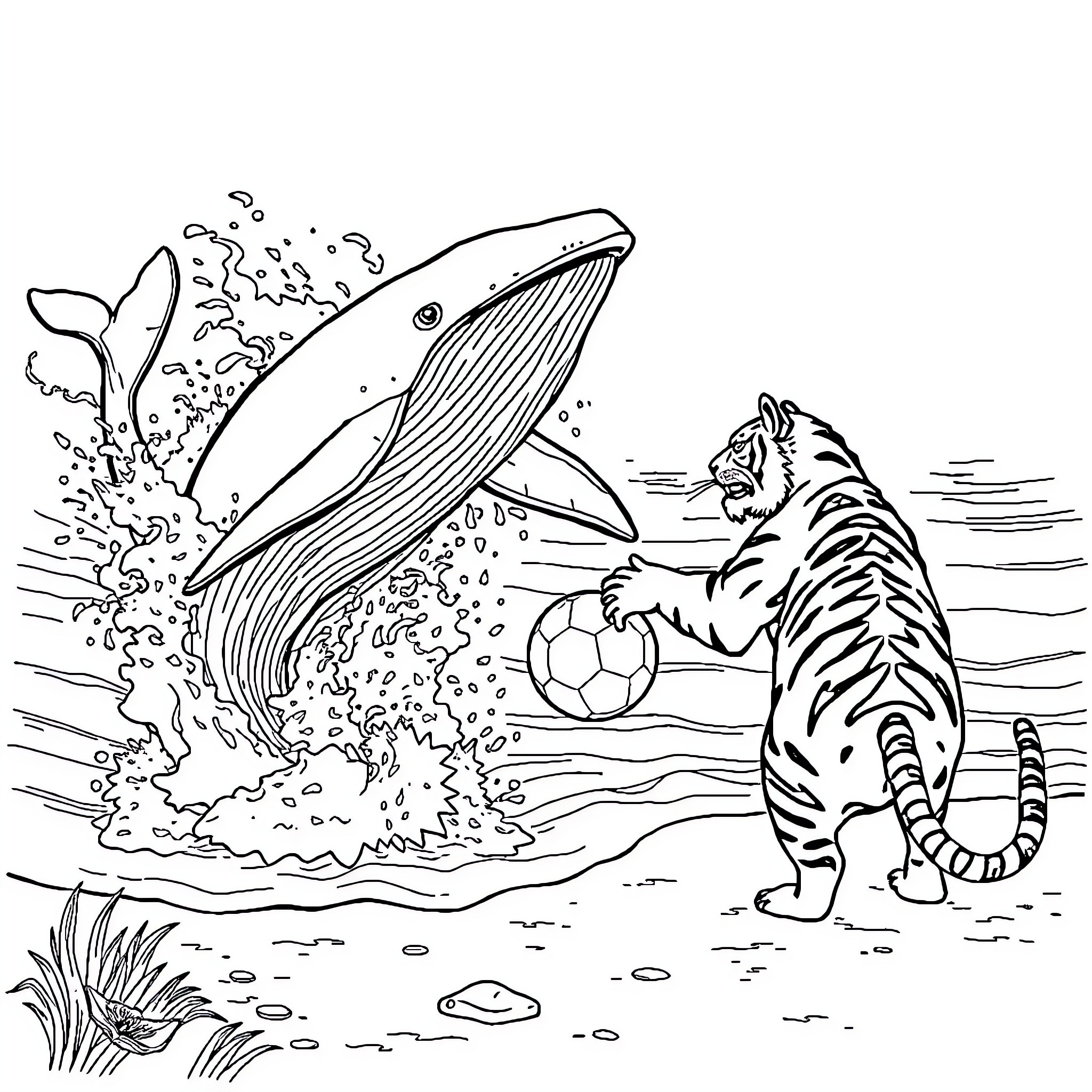 Whale and Tiger Playfully Interacting in the Ocean Coloring Page (free black-and-white line drawing printable PDF for all, from beginners to advanced learners, including children, teens, adults, and seniors)