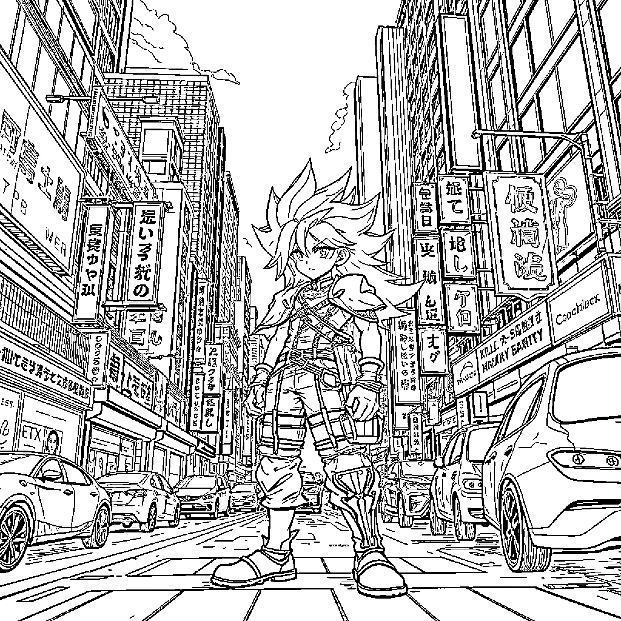 Cloud of Anime Character in Bustling City Scene Coloring Page (free black-and-white line drawing printable PDF for all, from beginners to advanced learners, including children, teens, adults, and seniors)