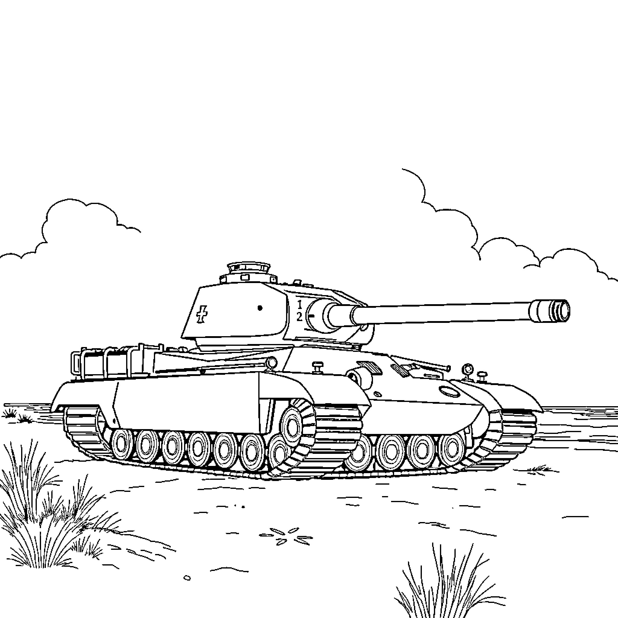 Tank with powerful armament on the battlefield Coloring Page (free black-and-white line drawing printable PDF for all, from beginners to advanced learners, including children, teens, adults, and seniors)