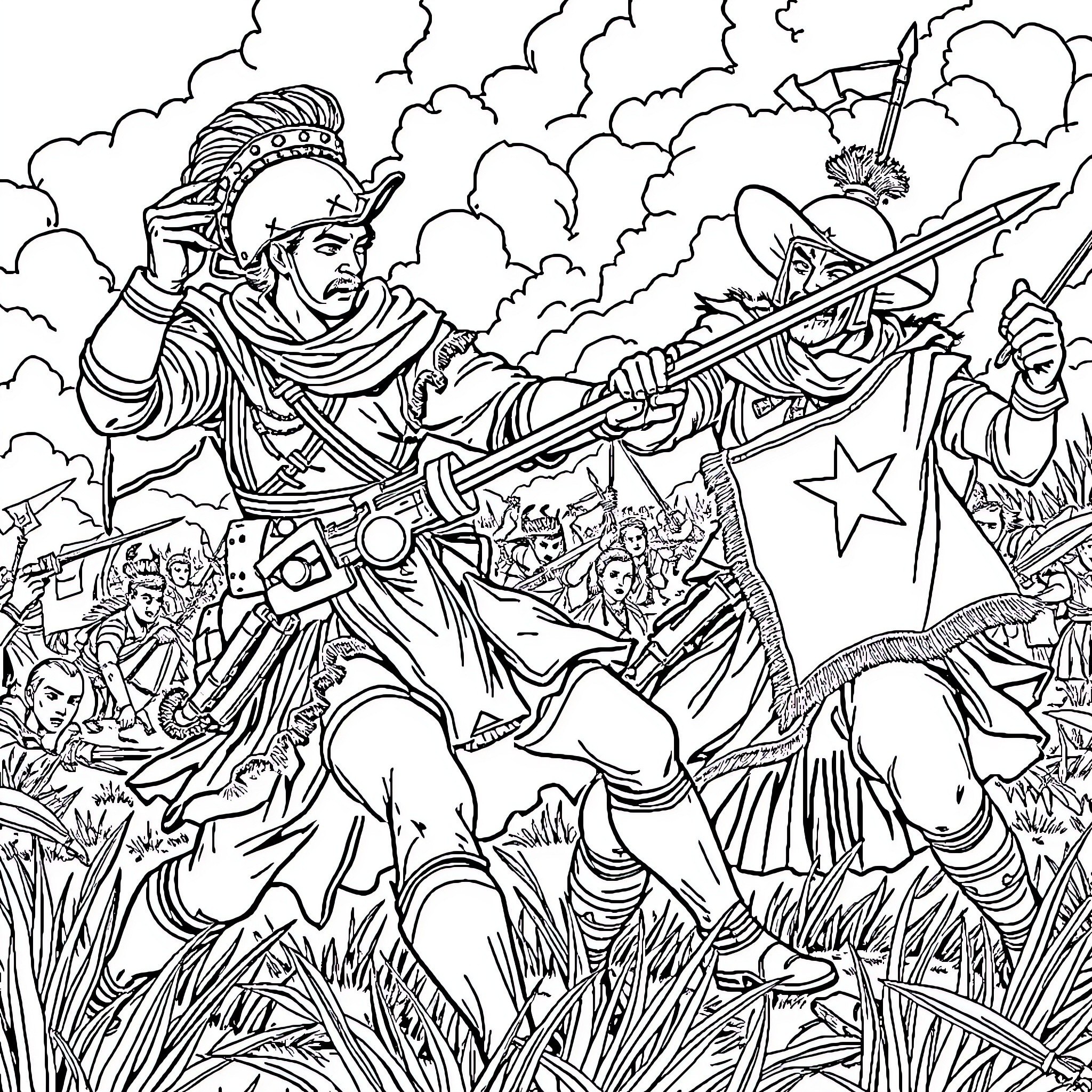 Pedro de Valdivia leading his troops in a fierce battle Coloring Page (free black-and-white line drawing printable PDF for all, from beginners to advanced learners, including children, teens, adults, and seniors)