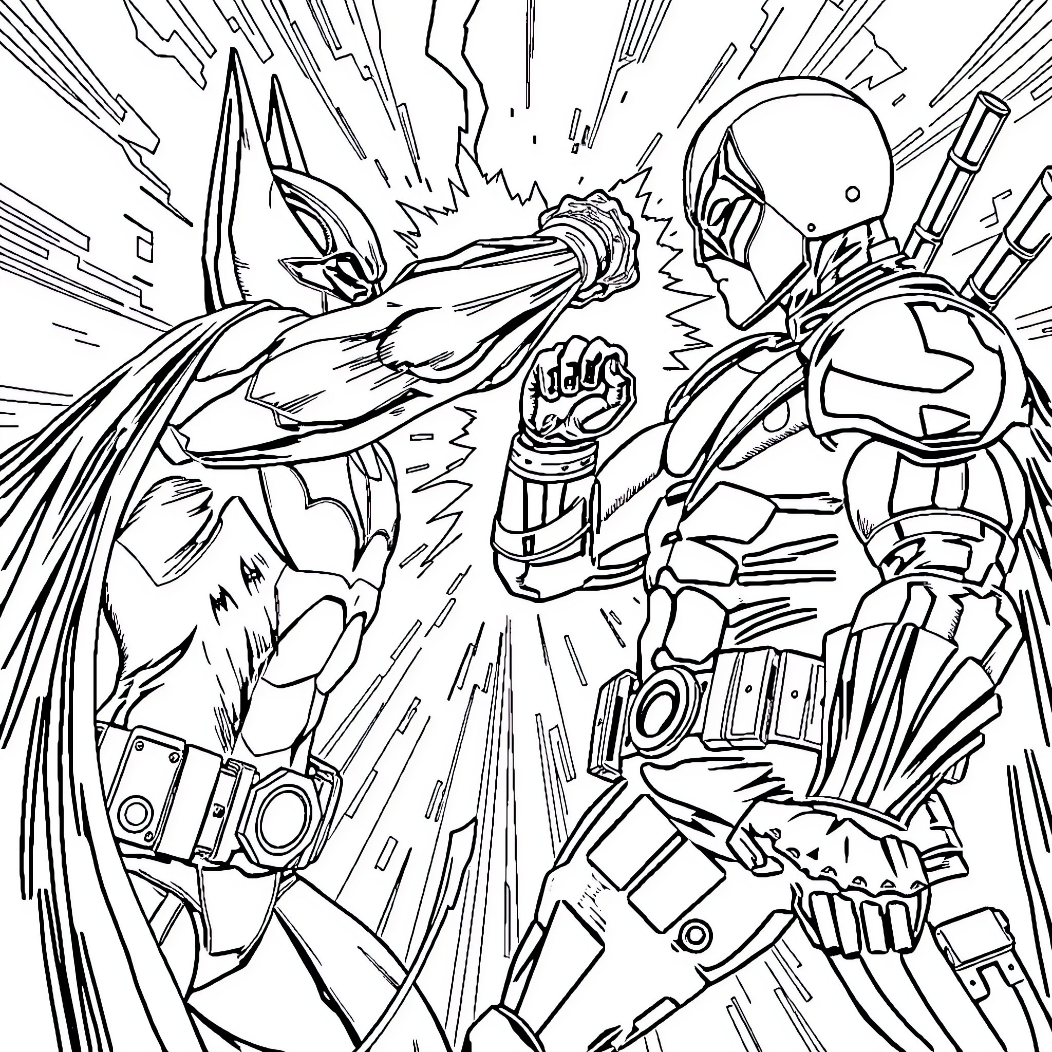 Batman confronting a powerful robot adversary Coloring Page (free black-and-white line drawing printable PDF for all, from beginners to advanced learners, including children, teens, adults, and seniors)