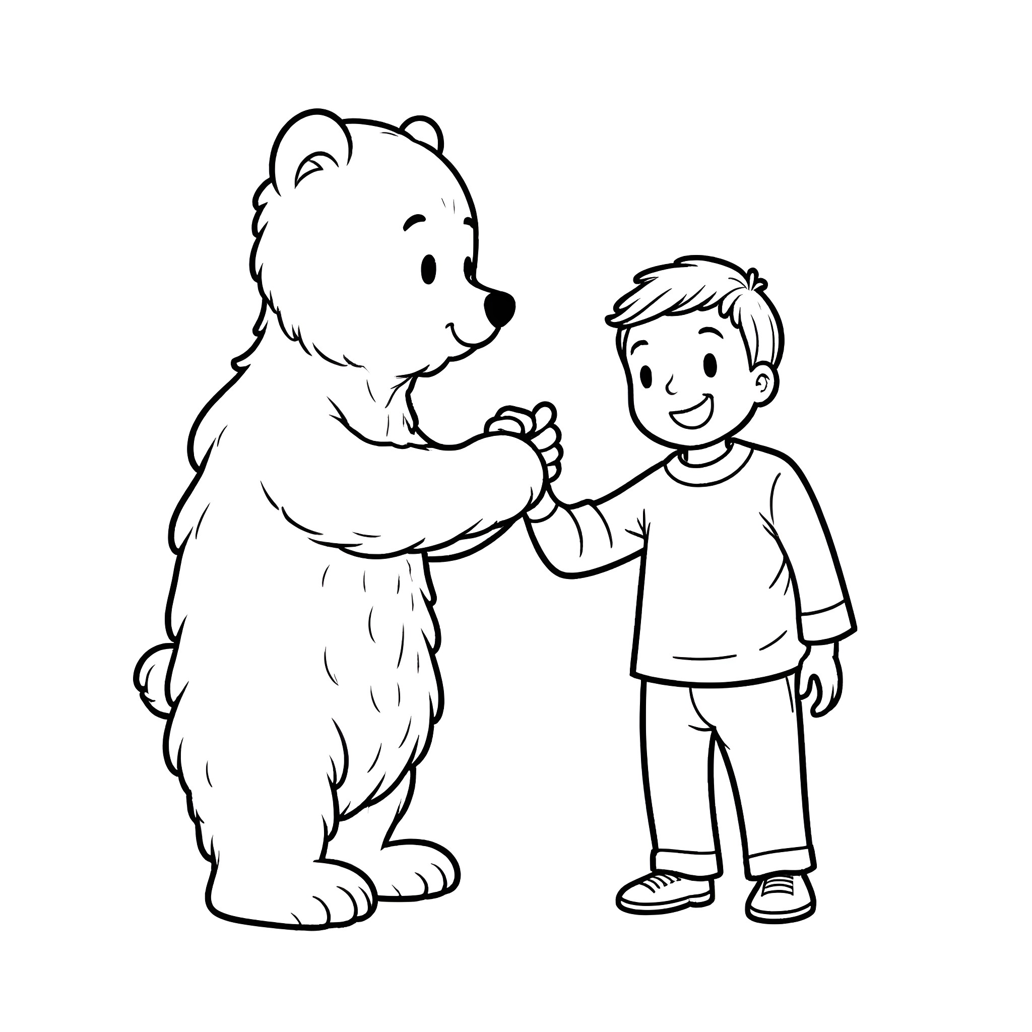 Polar Bear Befriending a Young Boy Coloring Page (free black-and-white line drawing printable PDF for all, from beginners to advanced learners, including children, teens, adults, and seniors)