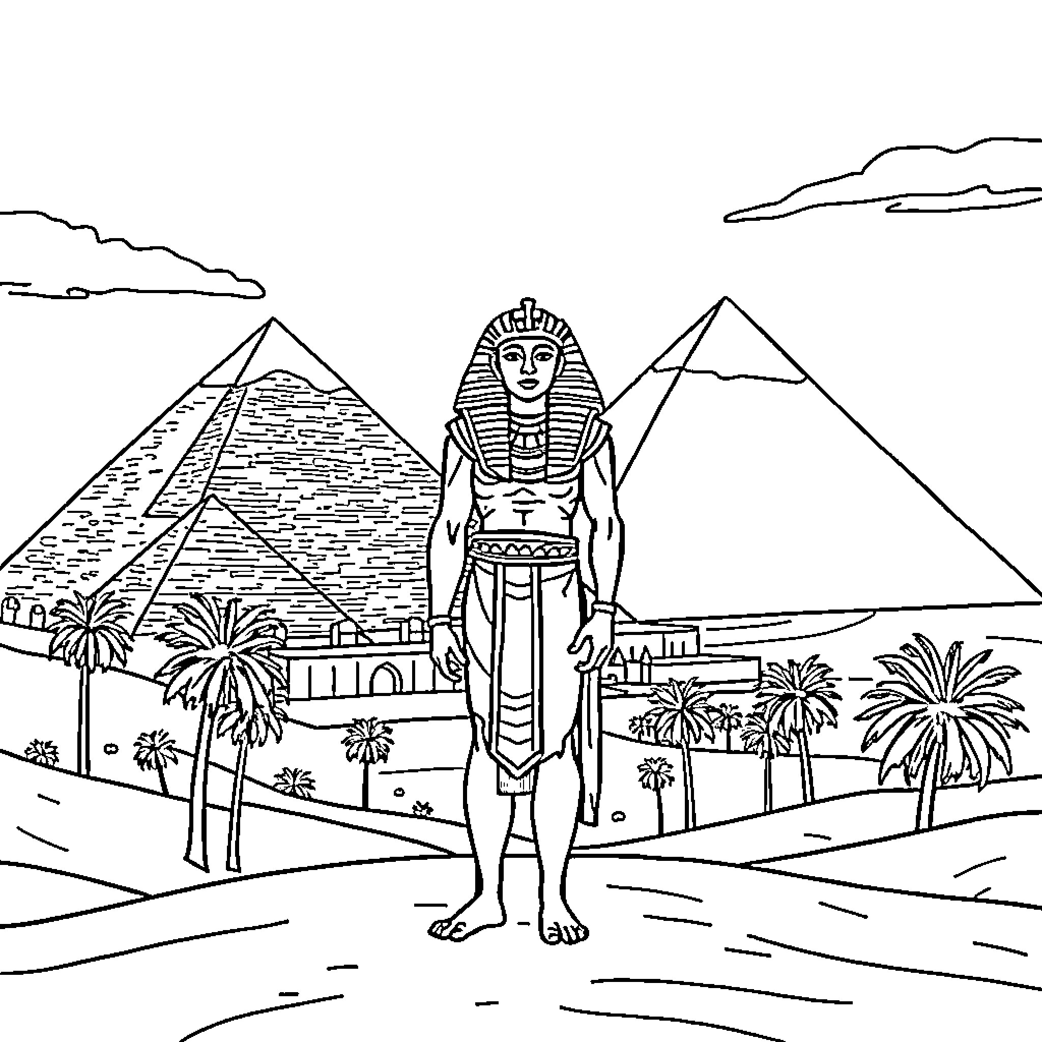 Egyptian Pharaoh Amid Pyramids and Palms Coloring Page (free black-and-white line drawing printable PDF for all, from beginners to advanced learners, including children, teens, adults, and seniors)